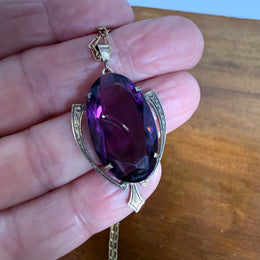 Edwardian 9ct Gold Silver Lined Amethyst Pendant & Chain