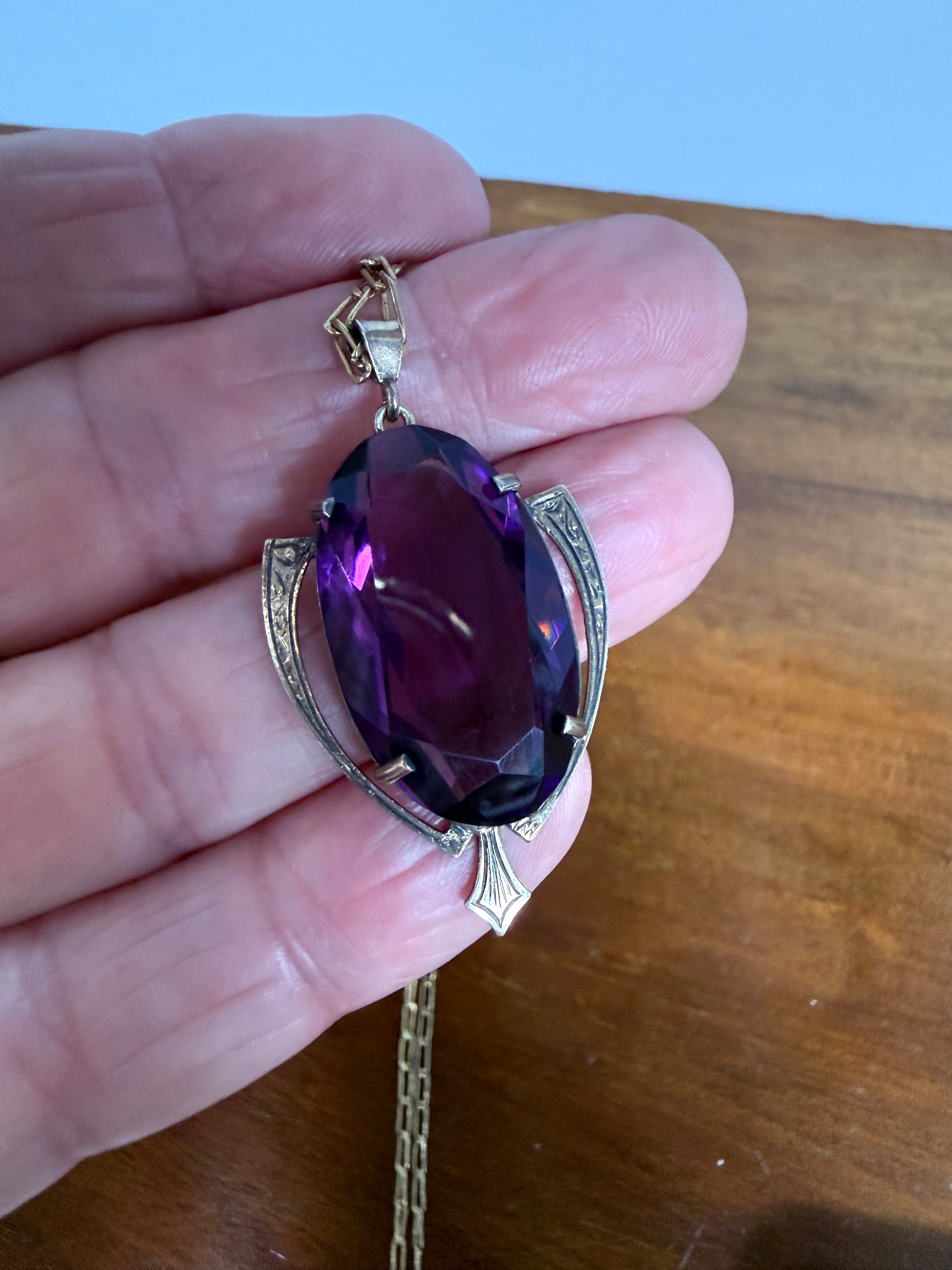 Edwardian 9ct Gold Silver Lined Amethyst Pendant & Chain | Antique & Vintage | Moonee Ponds Antiques | Australia Wide Delivery