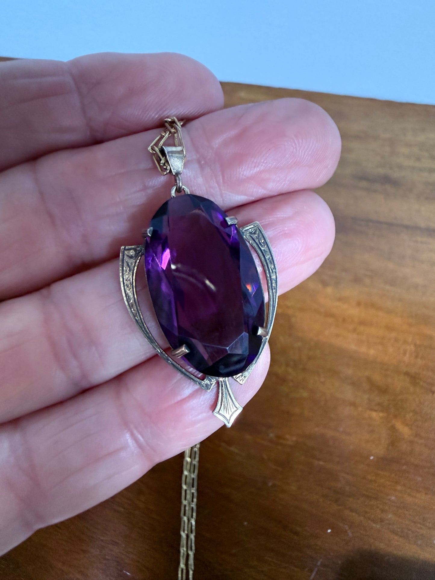 Edwardian 9ct Gold Silver Lined Amethyst Pendant & Chain