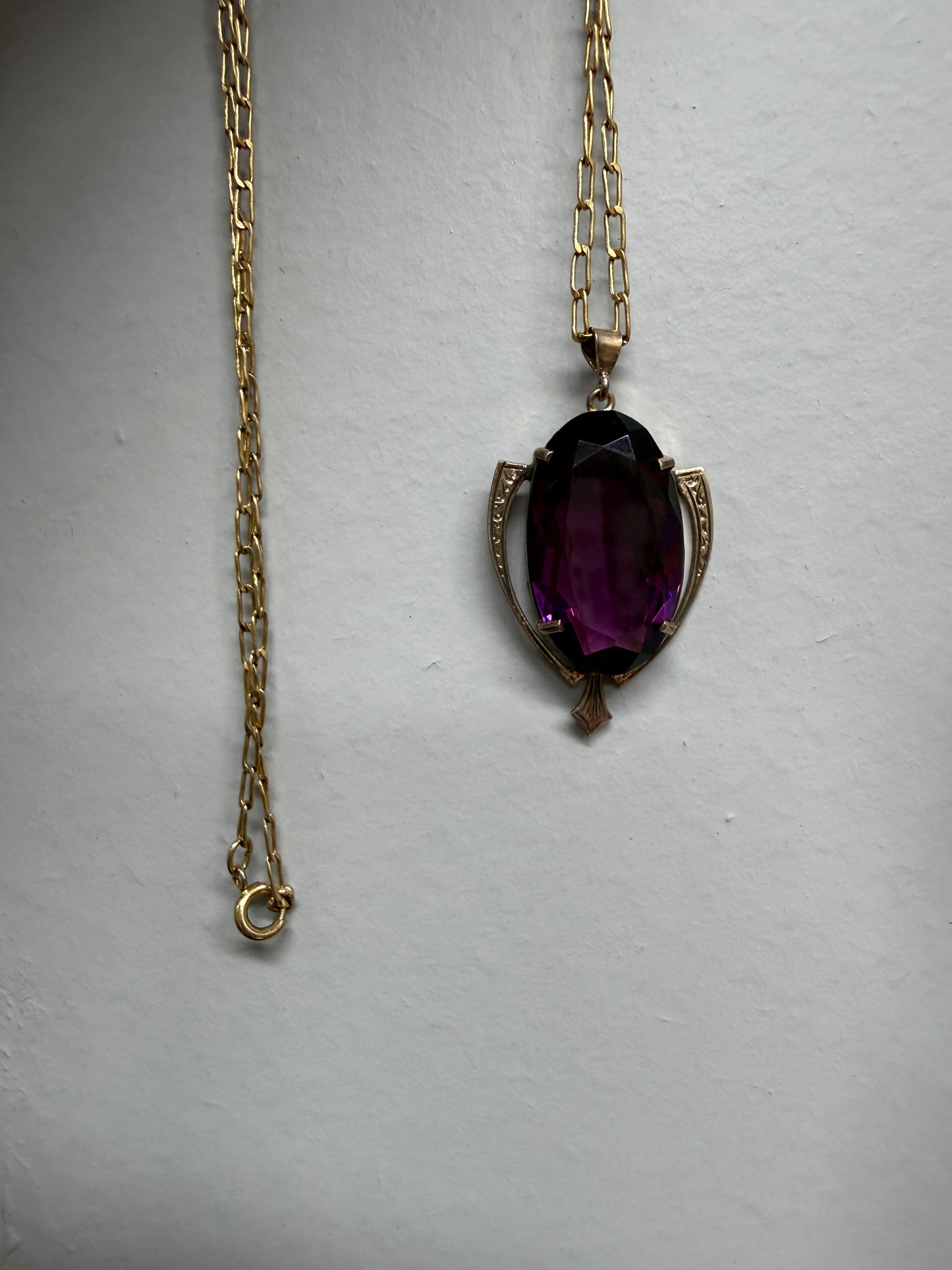 Edwardian 9ct Gold Silver Lined Amethyst Pendant & Chain
