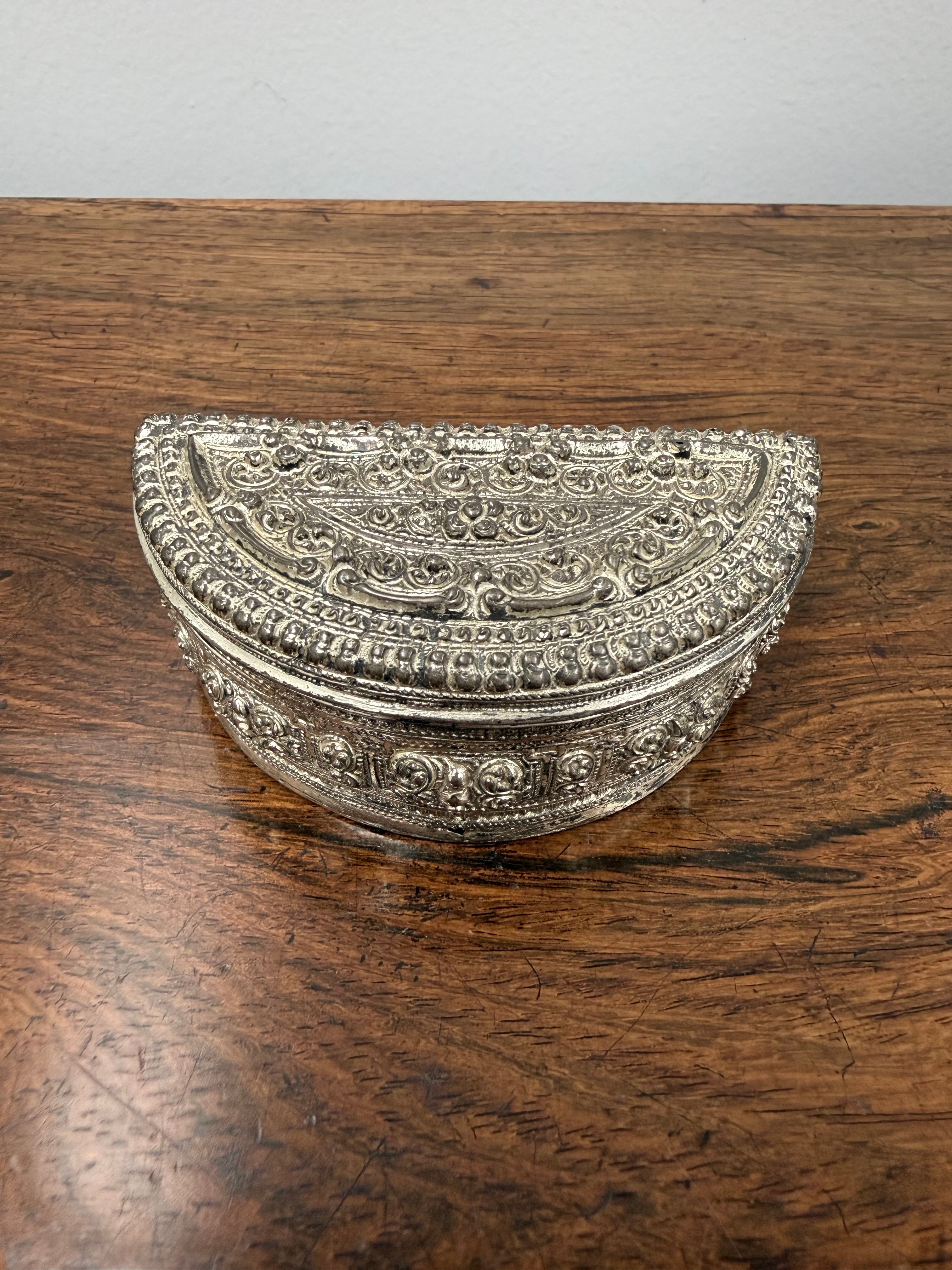 Antique Burmese Silver Crescent Moon Betel Lime Box