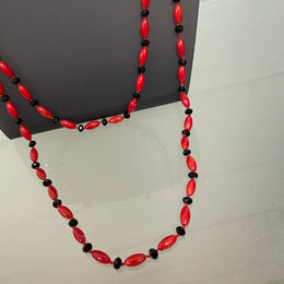 Stylish Jet Glass & Red Glass Bead Necklace Opera Length