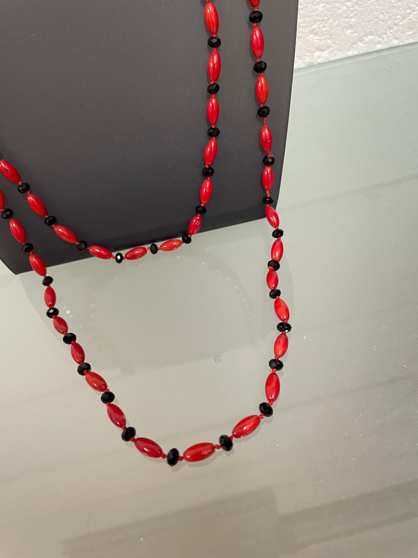 Stylish Jet Glass & Red Glass Bead Necklace Opera Length