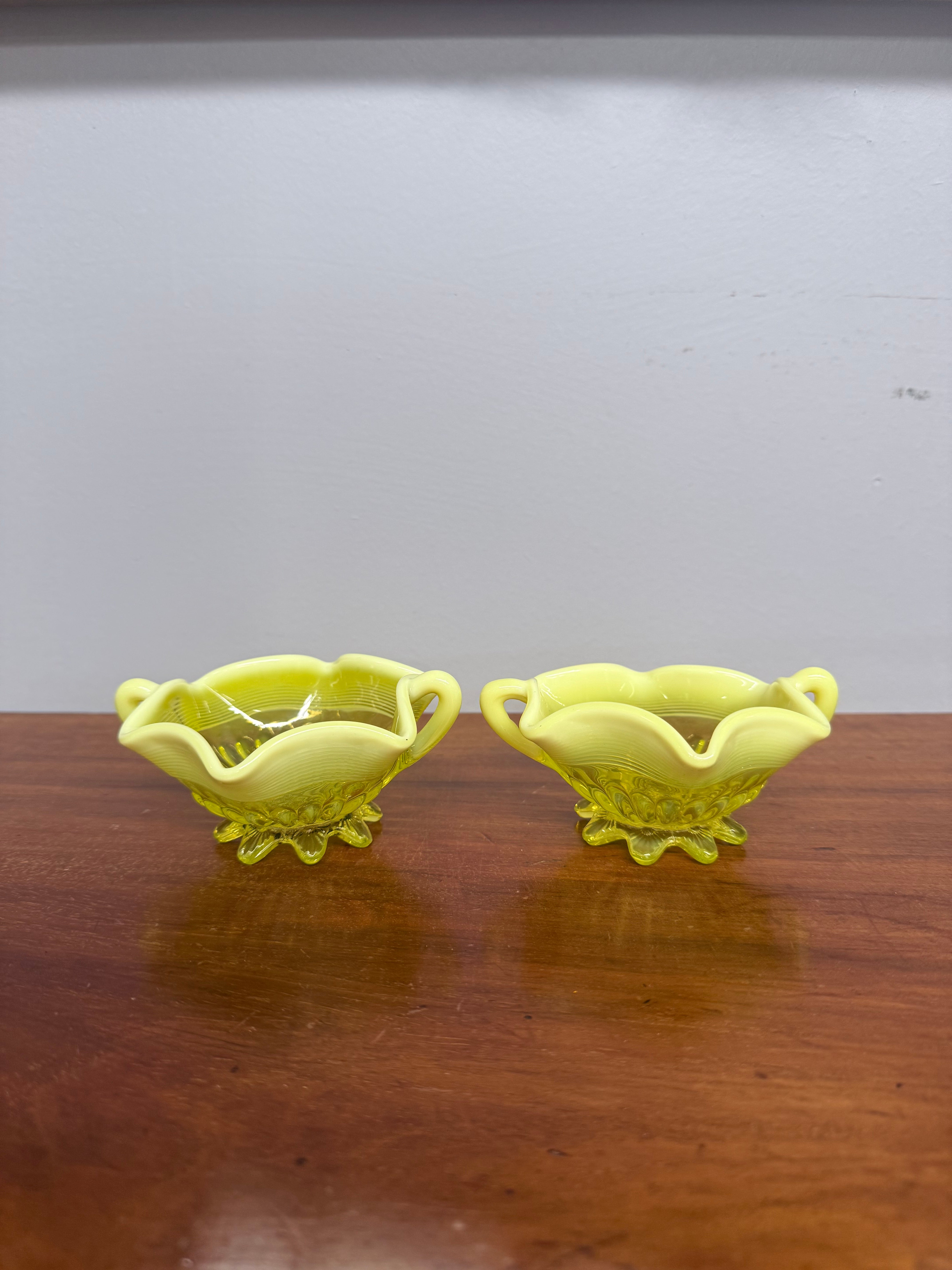 Pair Of Victorian Vaseline Small Bowls With Handles | Antique & Vintage | Moonee Ponds Antiques | Australia Wide Delivery