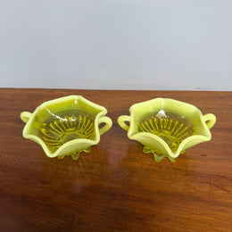 Pair Of Victorian Vaseline Small Bowls With Handles