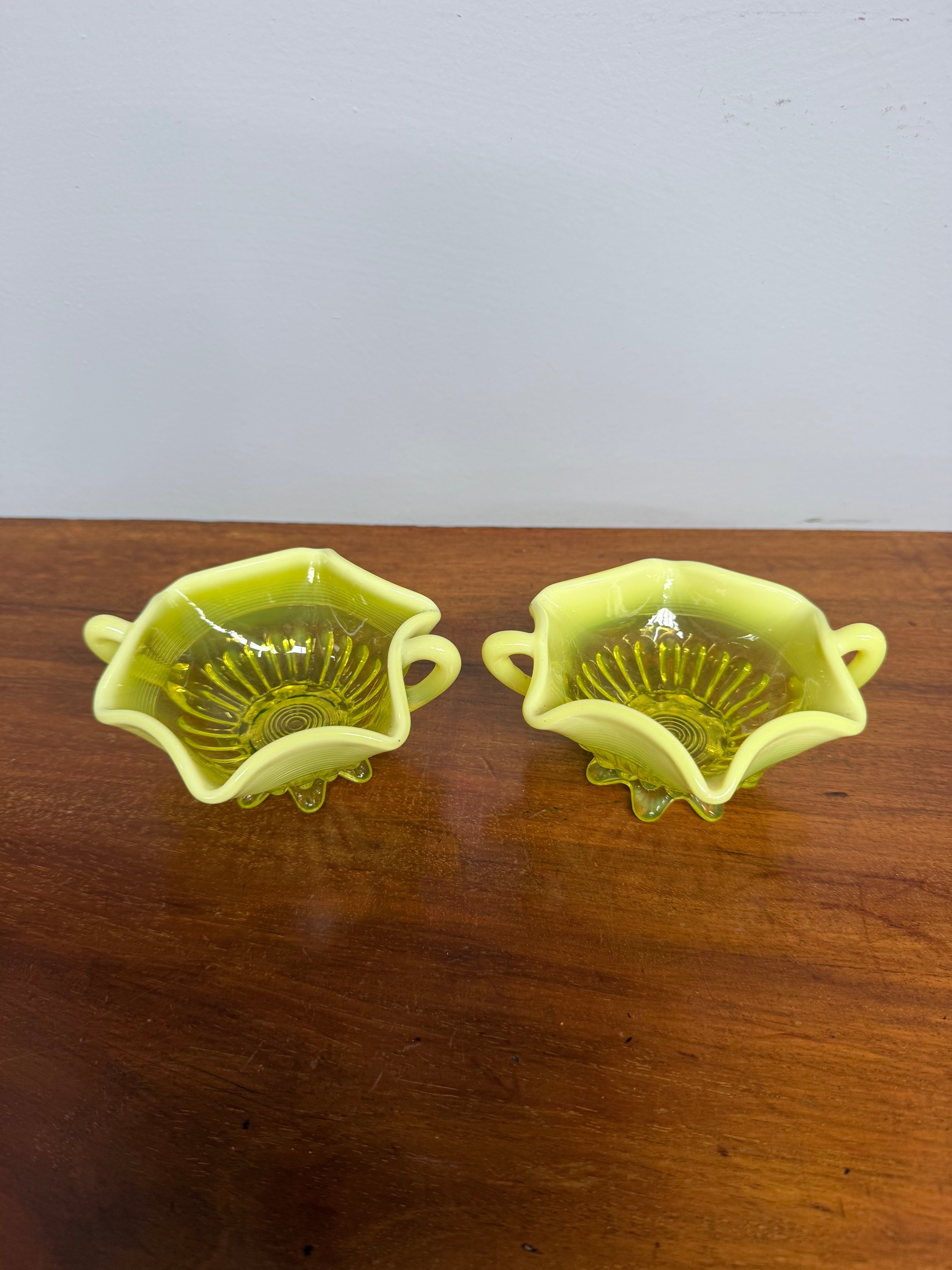 Pair Of Victorian Vaseline Small Bowls With Handles