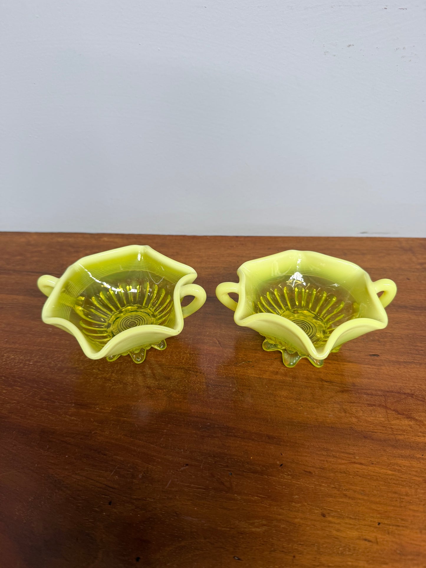 Pair Of Victorian Vaseline Small Bowls With Handles
