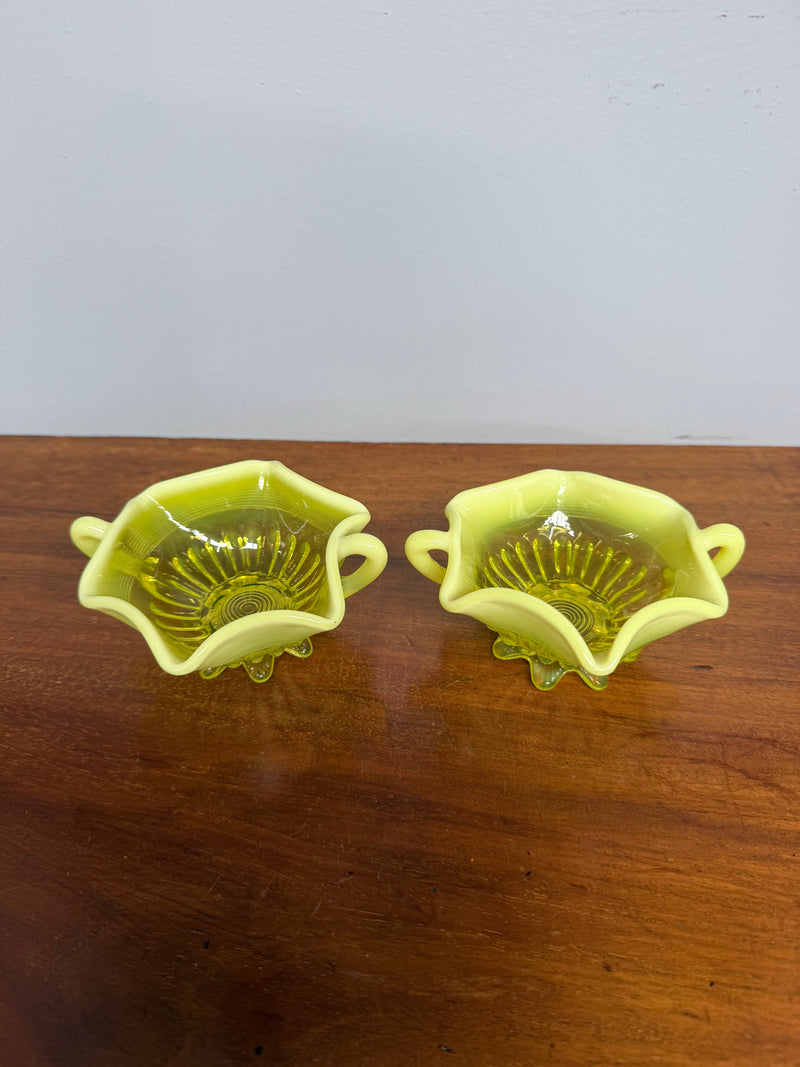 Pair Of Victorian Vaseline Small Bowls With Handles