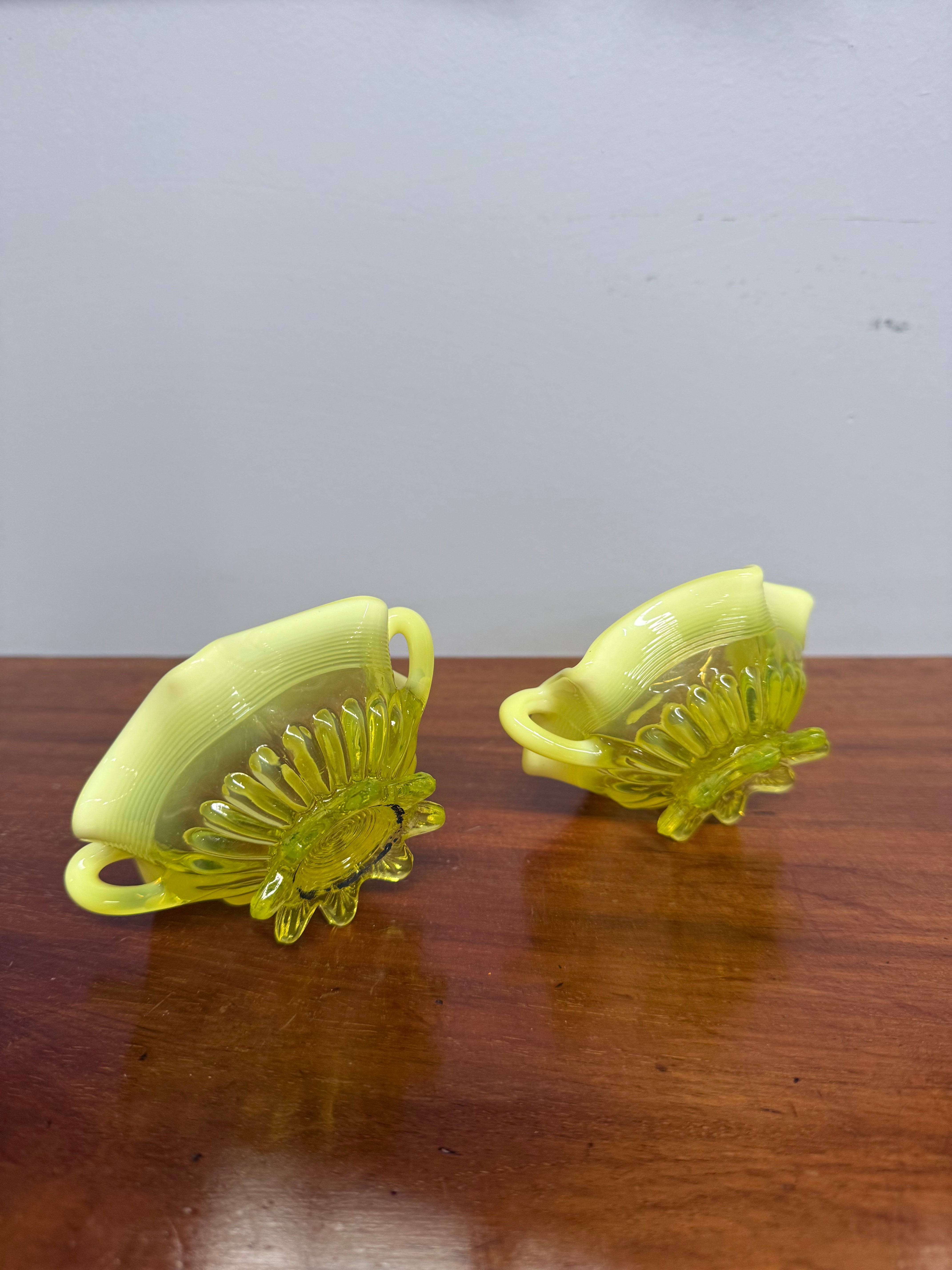 Pair Of Victorian Vaseline Small Bowls With Handles | Antique & Vintage | Moonee Ponds Antiques | Australia Wide Delivery