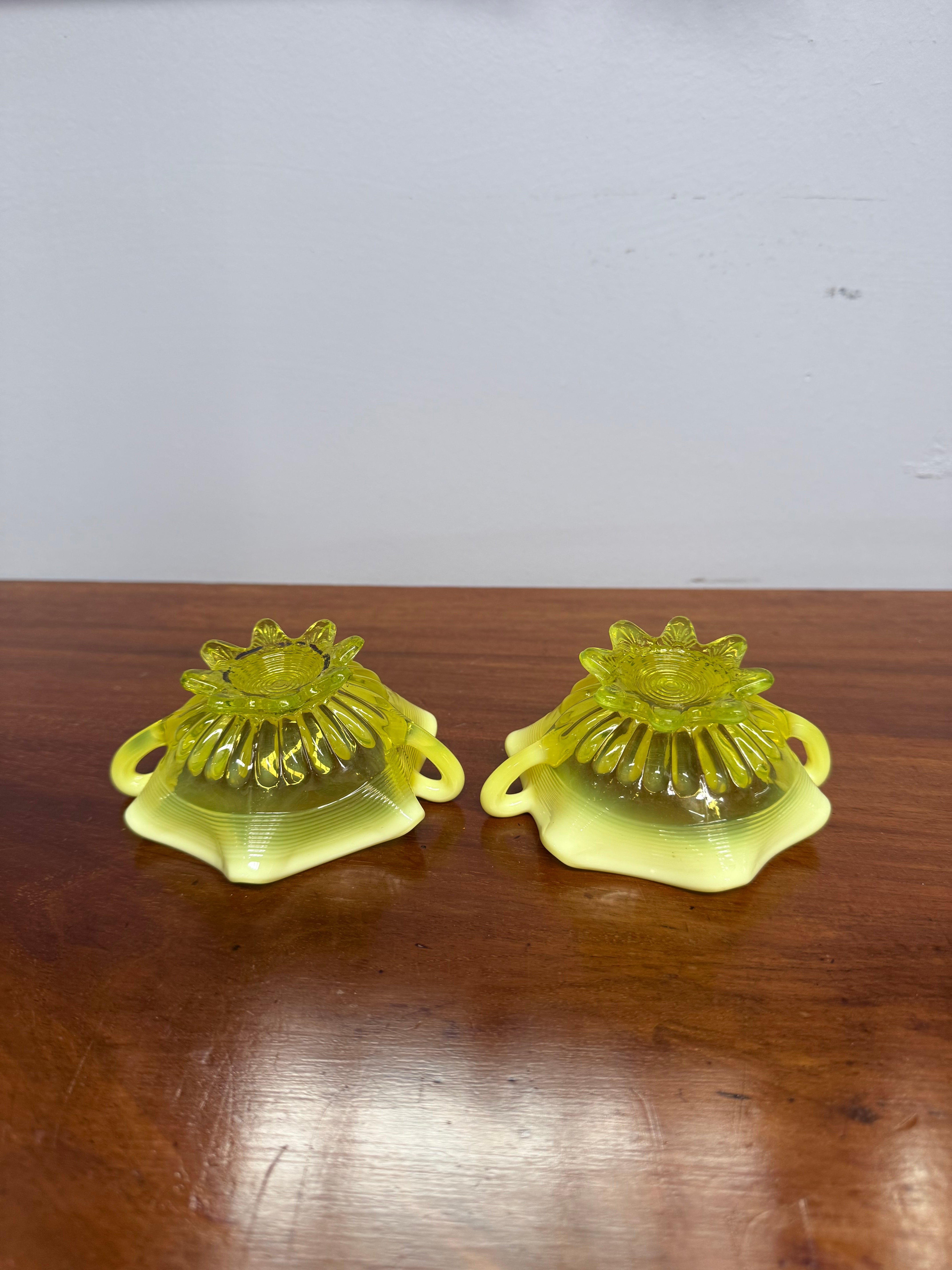Pair Of Victorian Vaseline Small Bowls With Handles | Antique & Vintage | Moonee Ponds Antiques | Australia Wide Delivery