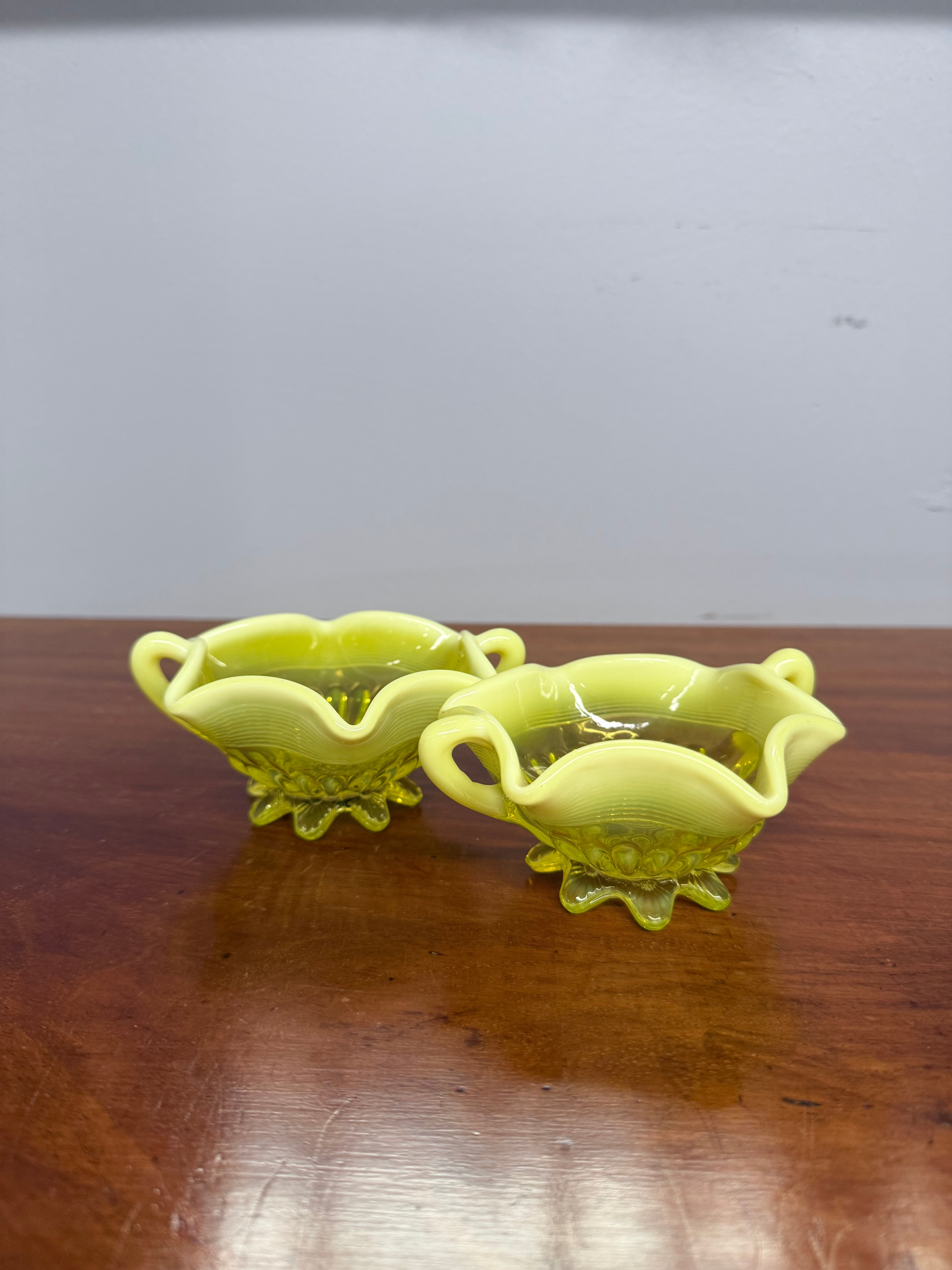 Pair Of Victorian Vaseline Small Bowls With Handles | Antique & Vintage | Moonee Ponds Antiques | Australia Wide Delivery
