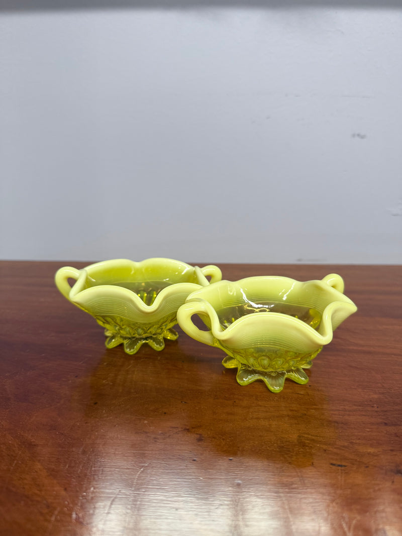 Pair Of Victorian Vaseline Small Bowls With Handles