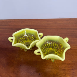 Pair Of Victorian Vaseline Small Bowls With Handles