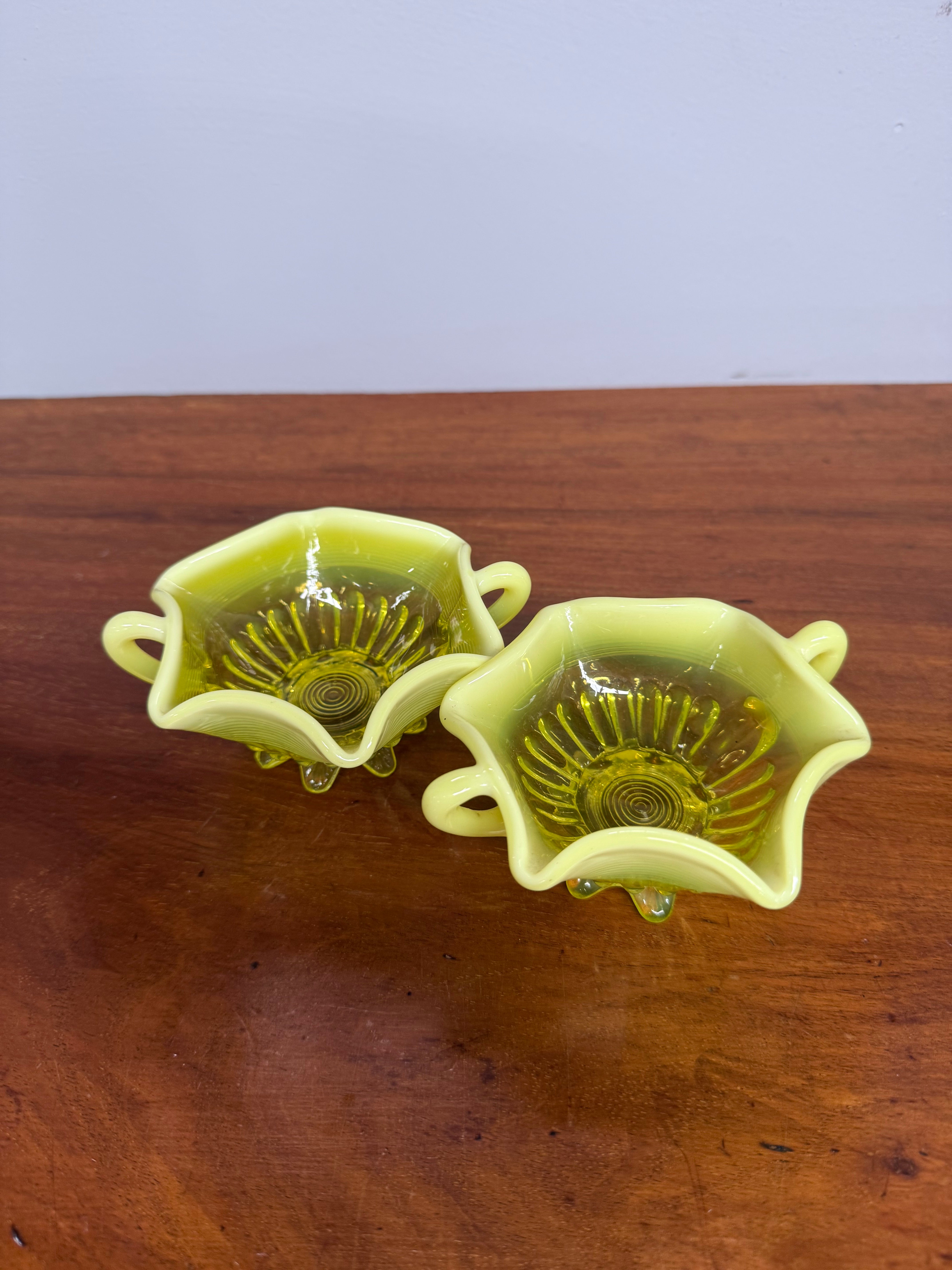 Pair Of Victorian Vaseline Small Bowls With Handles
