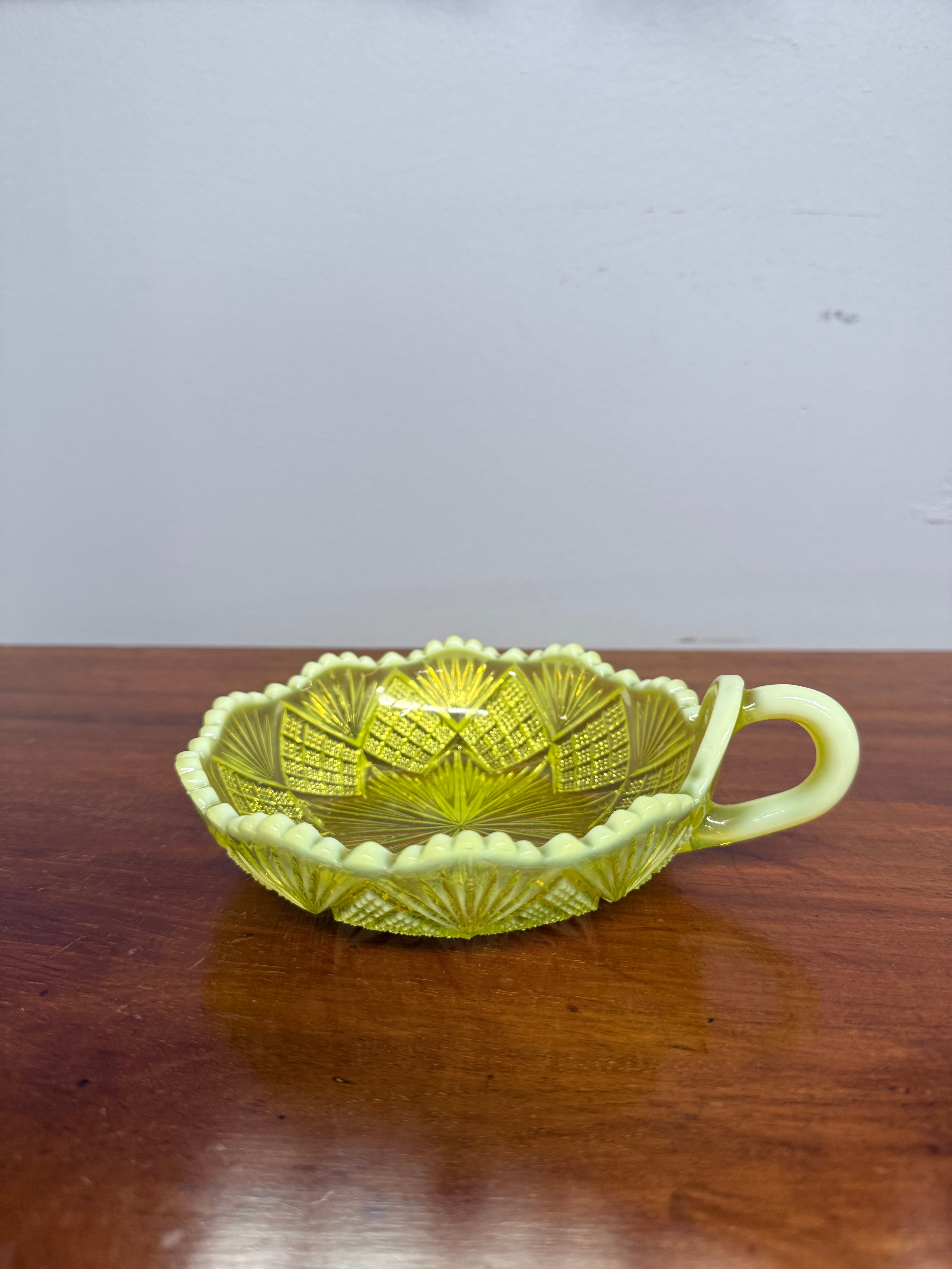 Late Victorian Vaseline Glass Dish With Handle | Antique & Vintage | Moonee Ponds Antiques | Australia Wide Delivery