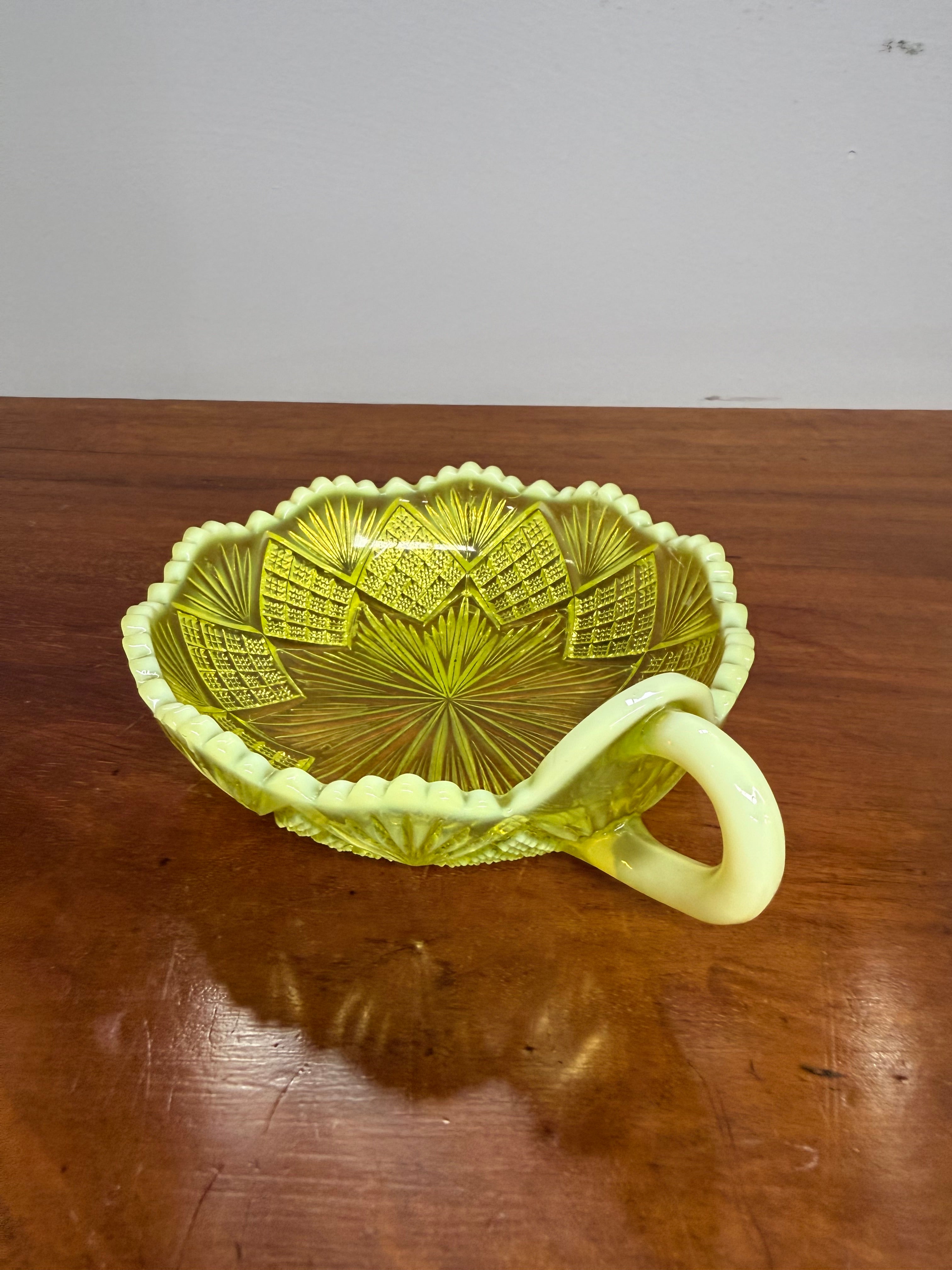 Late Victorian Vaseline Glass Dish With Handle | Antique & Vintage | Moonee Ponds Antiques | Australia Wide Delivery