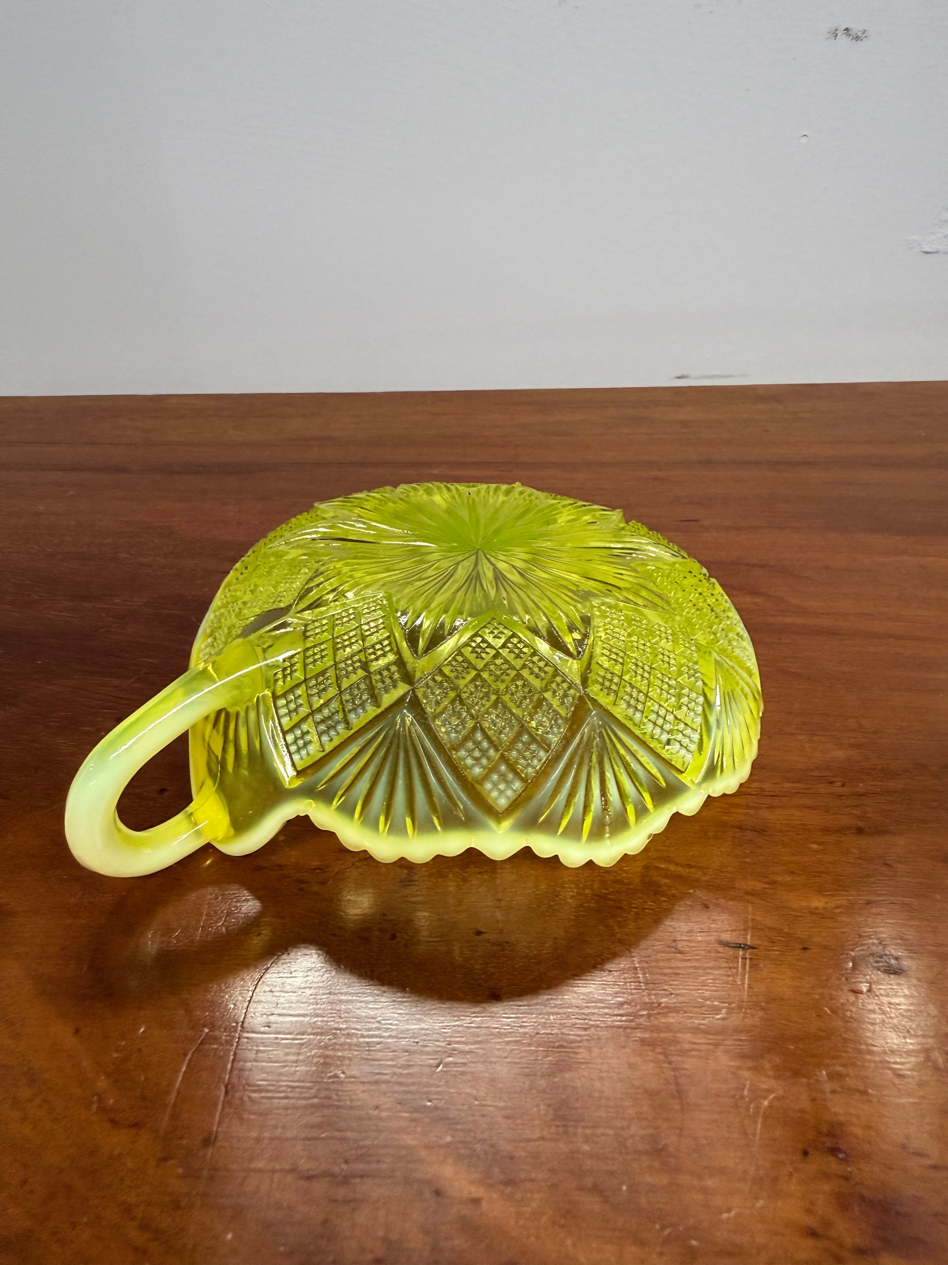 Late Victorian Vaseline Glass Dish With Handle | Antique & Vintage | Moonee Ponds Antiques | Australia Wide Delivery