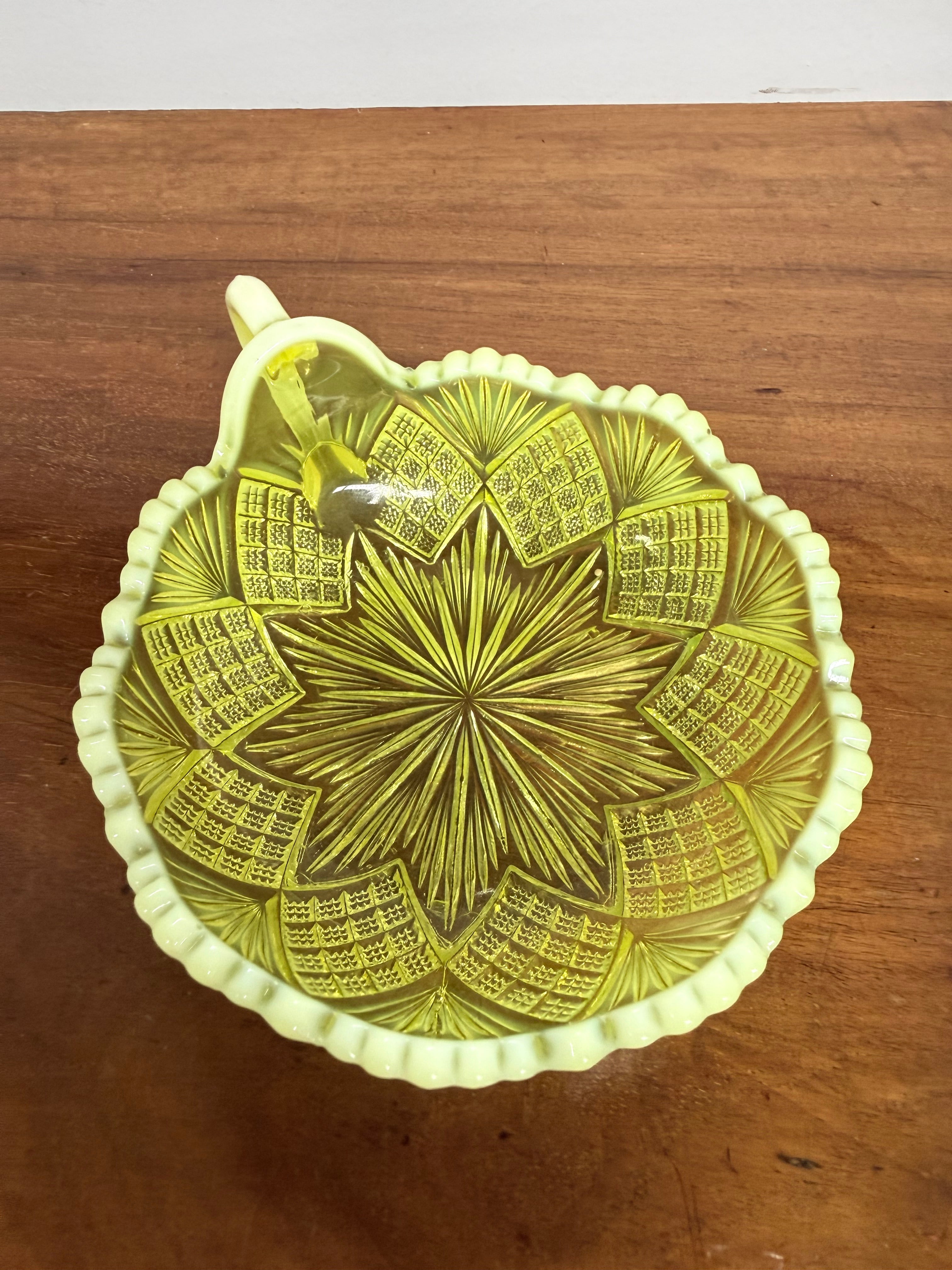 Late Victorian Vaseline Glass Dish With Handle | Antique & Vintage | Moonee Ponds Antiques | Australia Wide Delivery