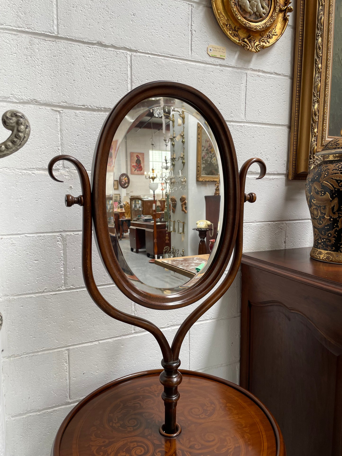 Antique Bentwood Dressing Stand With Table, Drawer & Mirror