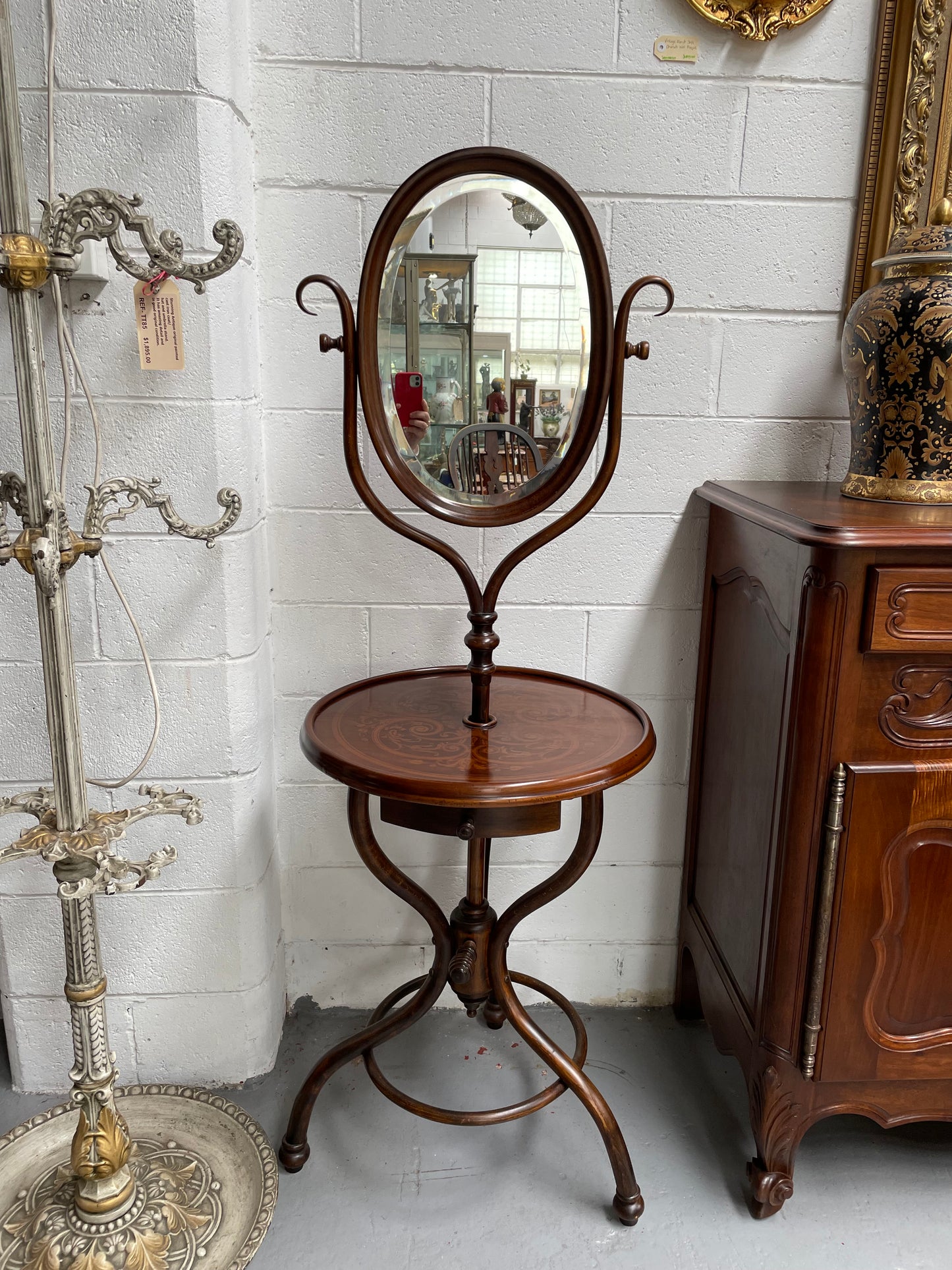 Antique Bentwood Dressing Stand With Table, Drawer & Mirror