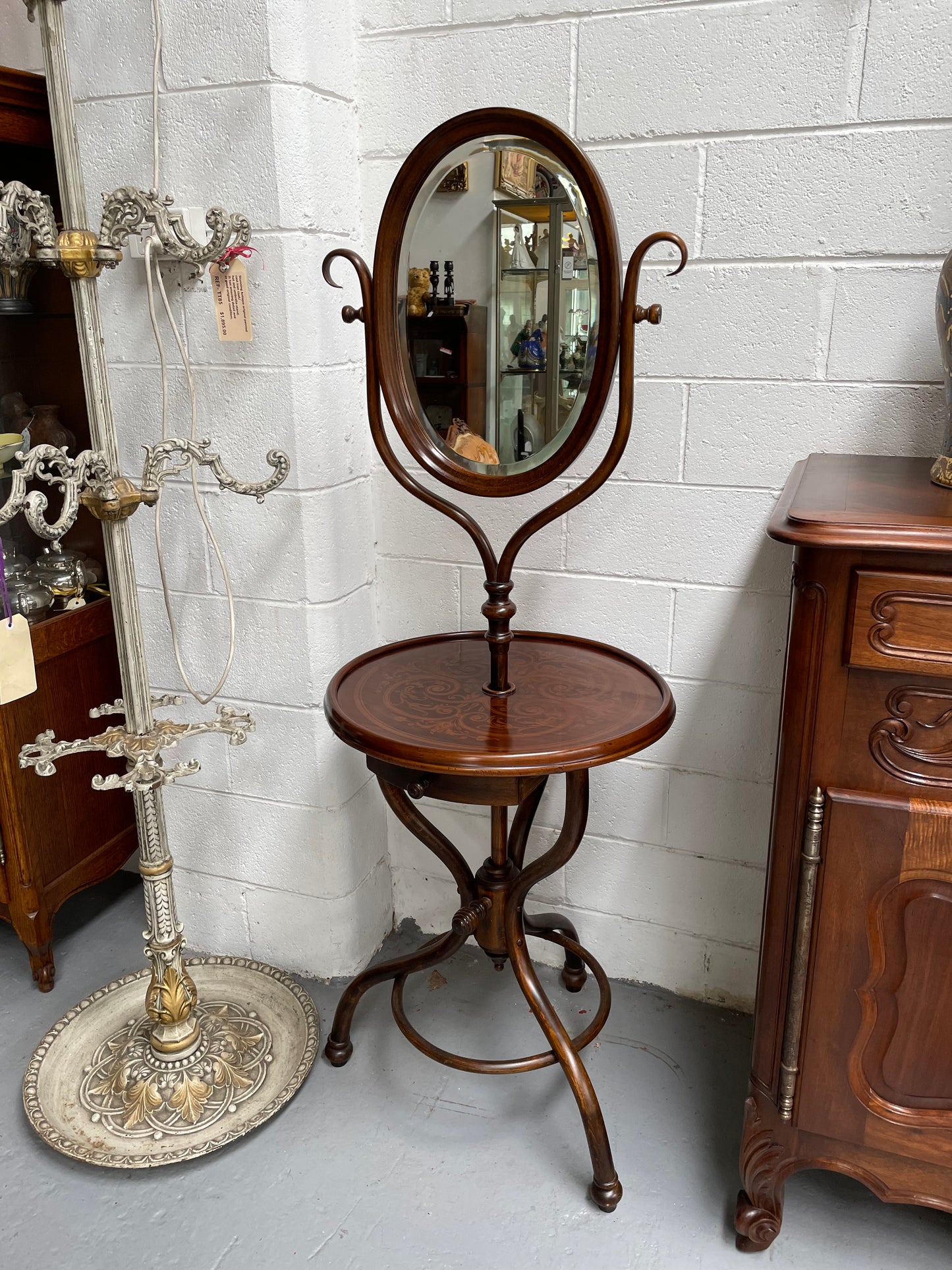 Antique Bentwood Dressing Stand With Table, Drawer & Mirror