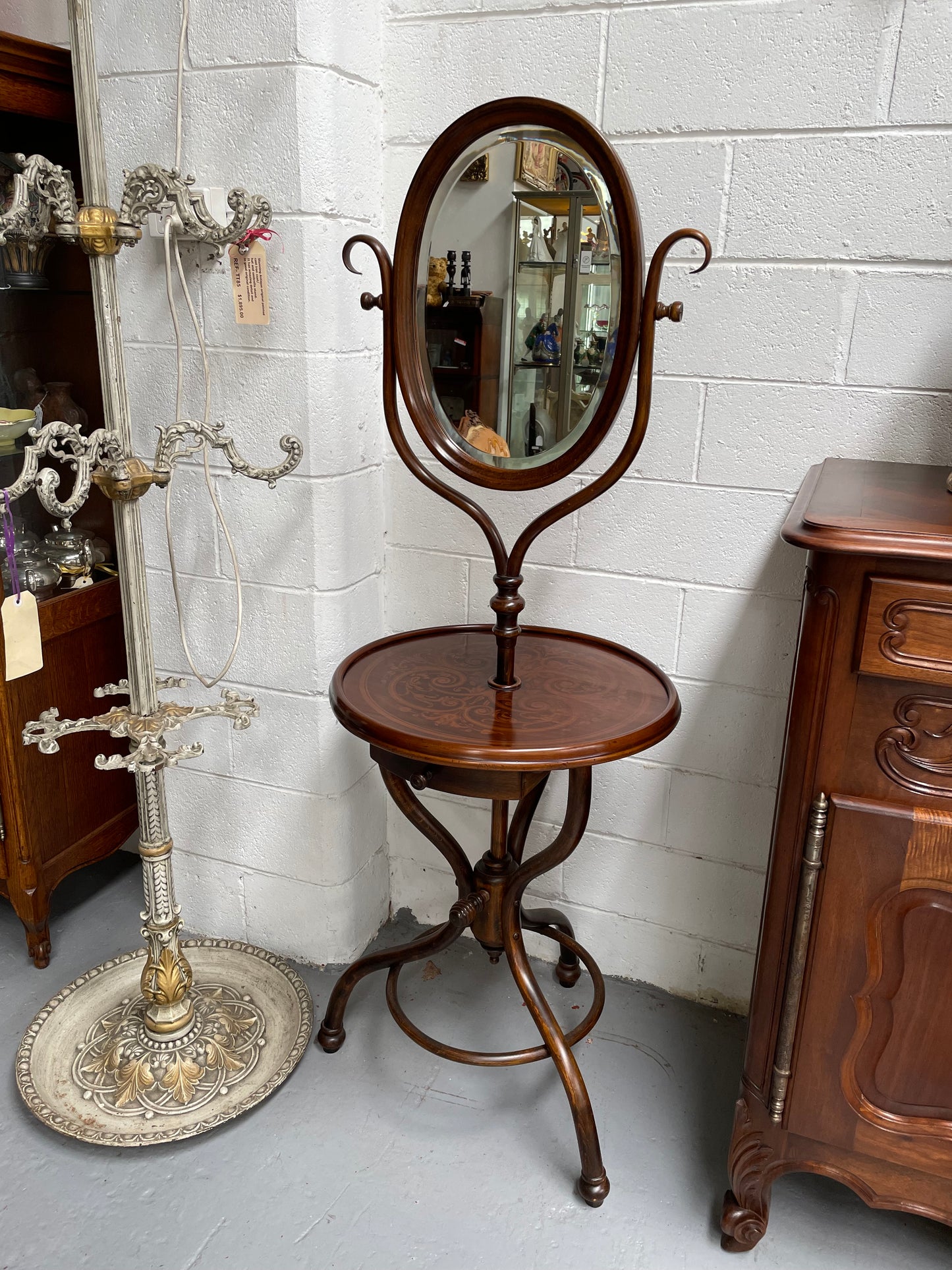 Antique Bentwood Dressing Stand With Table, Drawer & Mirror