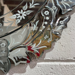 Decorative round Venetian style etched wall mirror with pretty floral etching. It is ready to hang and in good original condition. Please see all photos as they form part of the description and condition.