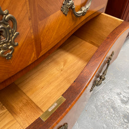 Appealing French Louis XIV style three drawer inlaid marble top commode. It has a stunning marble top and attractive ormolu trims. In good original detailed condition.
