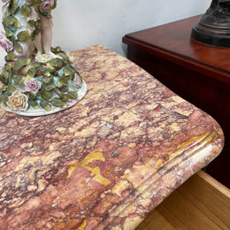 Appealing French Louis XIV style three drawer inlaid marble top commode. It has a stunning marble top and attractive ormolu trims. In good original detailed condition.