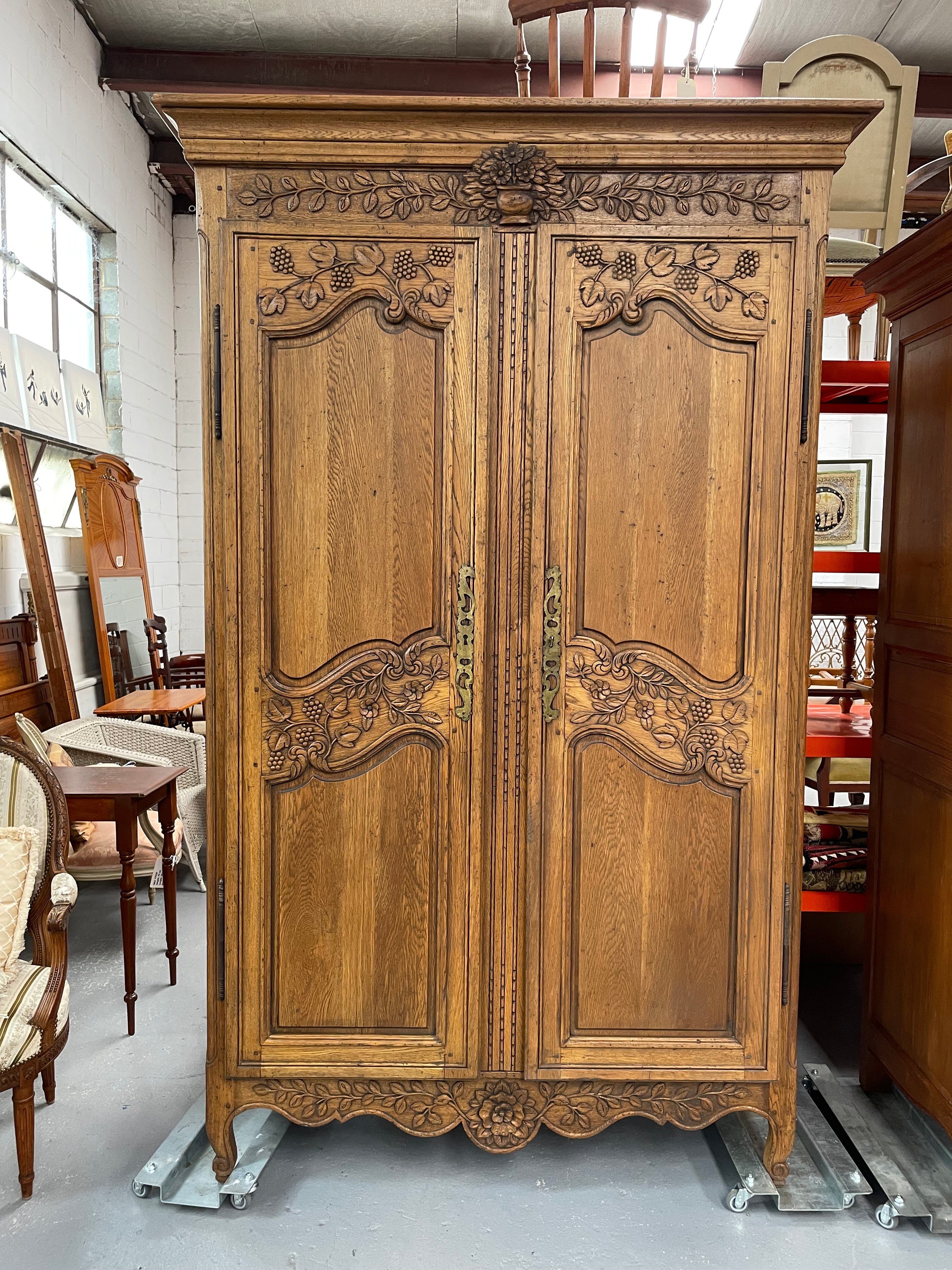 Attractive French Oak Two Door Decoratively Carved Armoire | Antique & Vintage | Moonee Ponds Antiques | Australia Wide Delivery