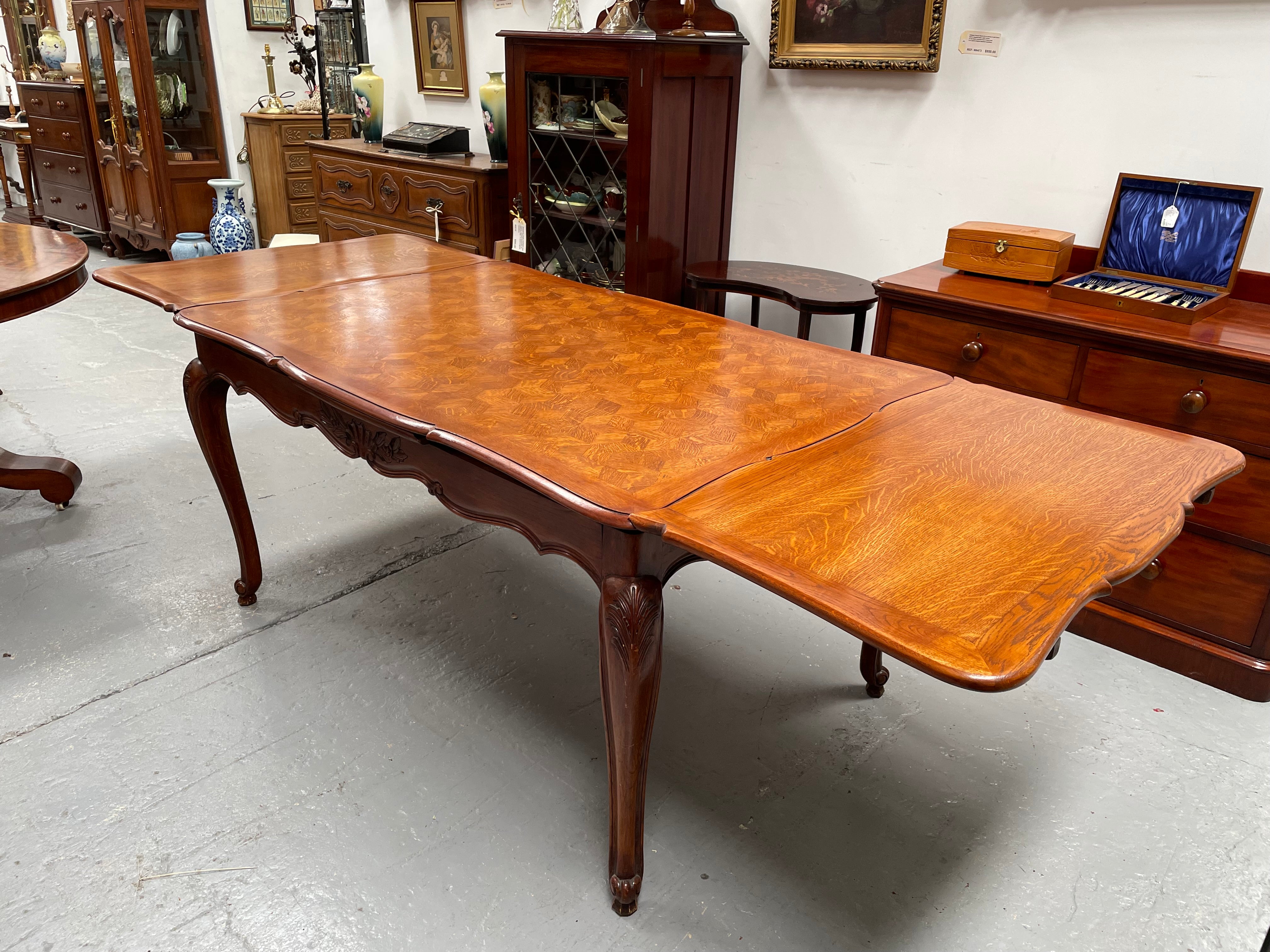 Attractive French Louis XV Style Parquetry Top Oak Extension Table | Antique & Vintage | Moonee Ponds Antiques | Australia Wide Delivery