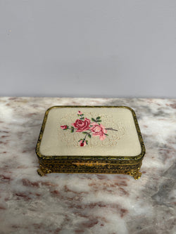 Pretty Gold Tone Embossed Metal Jewellery Box With Petit Point Top Moonee Ponds Antiques