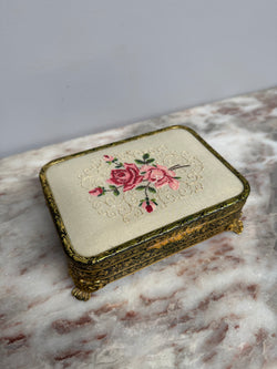 Pretty Gold Tone Embossed Metal Jewellery Box With Petit Point Top Moonee Ponds Antiques