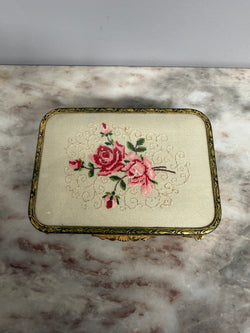 Pretty Gold Tone Embossed Metal Jewellery Box With Petit Point Top Moonee Ponds Antiques