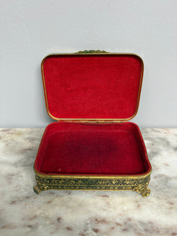 Pretty Gold Tone Embossed Metal Jewellery Box With Petit Point Top Moonee Ponds Antiques