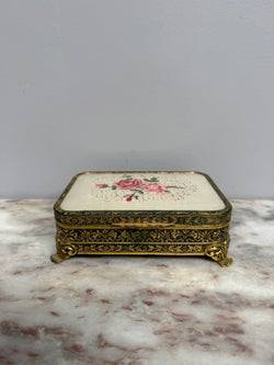Pretty Gold Tone Embossed Metal Jewellery Box With Petit Point Top Moonee Ponds Antiques