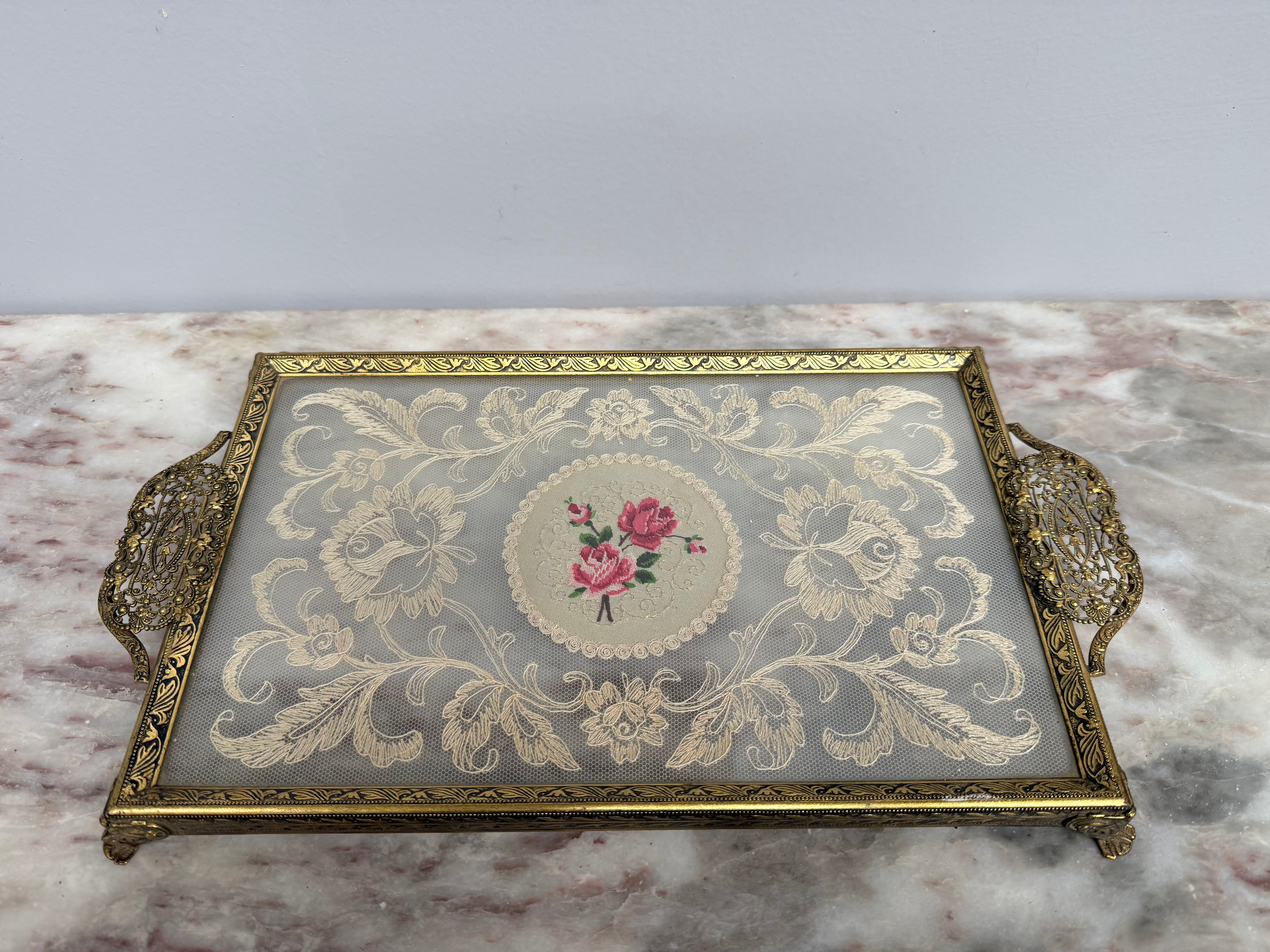 Vintage Gold Tone Filigree Embossed Metal Tray With Petit Point | Antique & Vintage | Moonee Ponds Antiques | Australia Wide Delivery