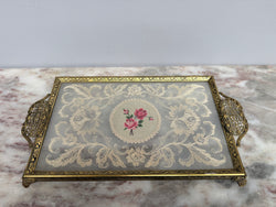Vintage Gold Tone Filigree Embossed Metal Tray With Petit Point Moonee Ponds Antiques