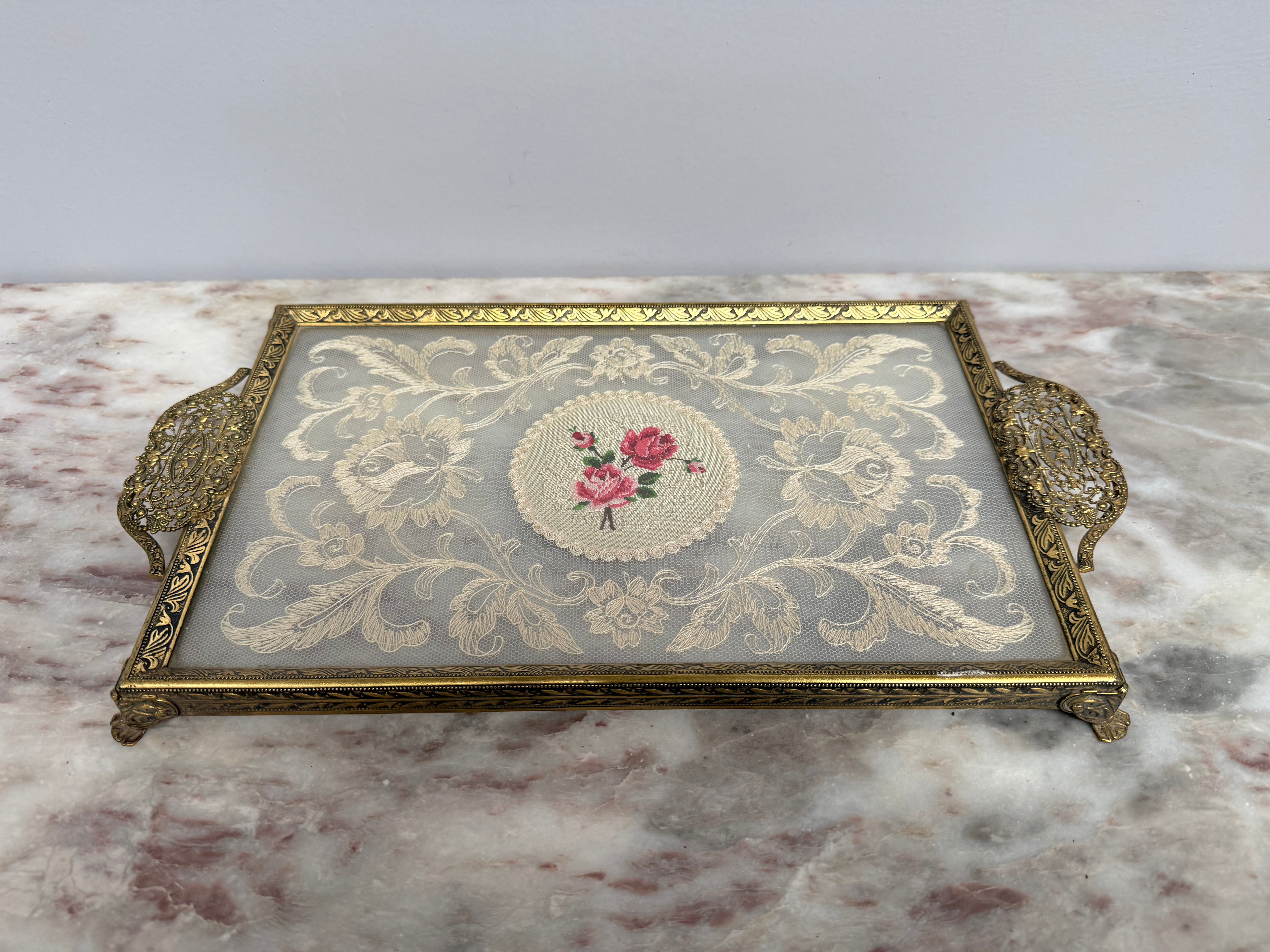 Vintage Gold Tone Filigree Embossed Metal Tray With Petit Point | Antique & Vintage | Moonee Ponds Antiques | Australia Wide Delivery
