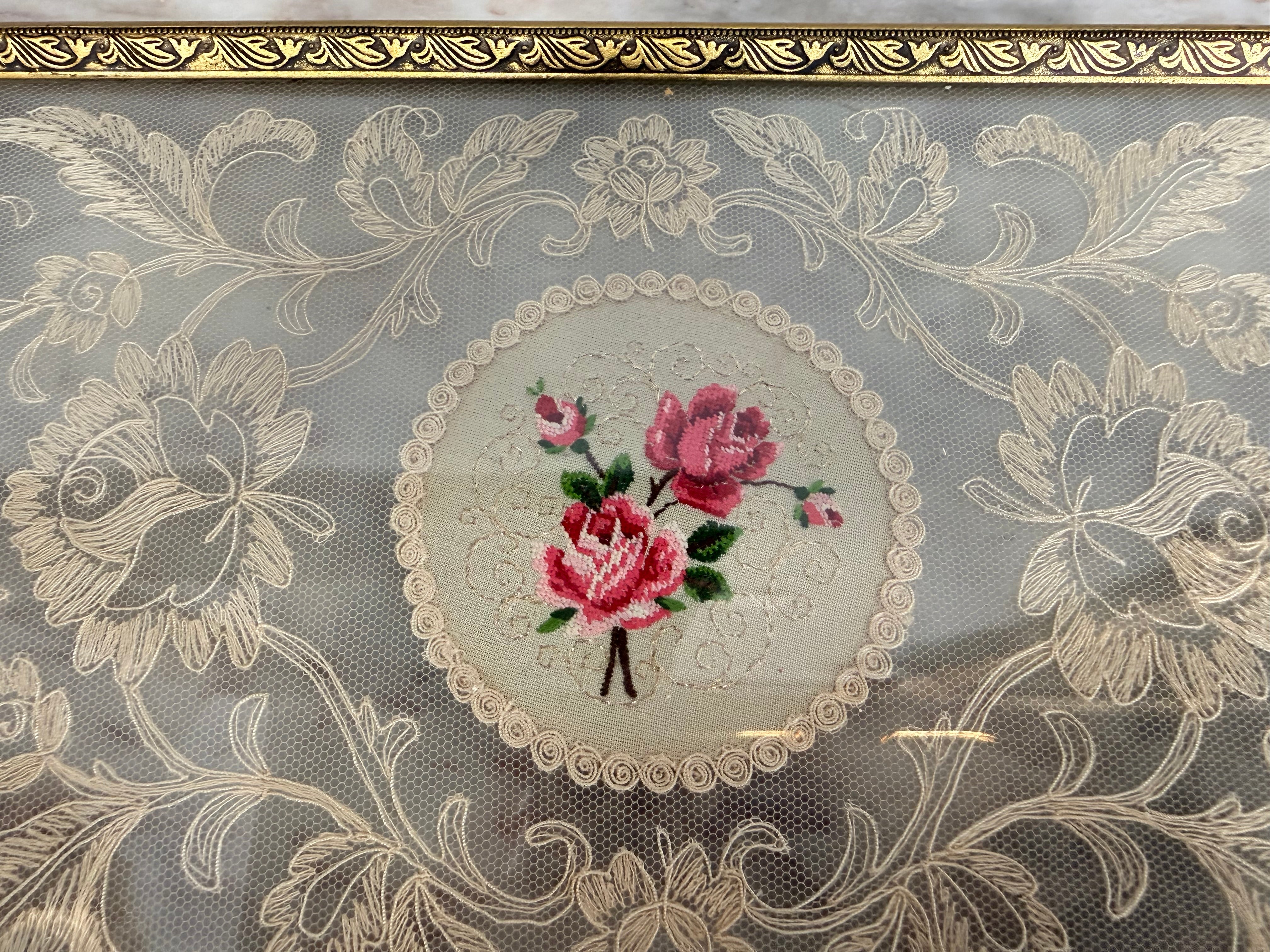 Vintage Gold Tone Filigree Embossed Metal Tray With Petit Point | Antique & Vintage | Moonee Ponds Antiques | Australia Wide Delivery