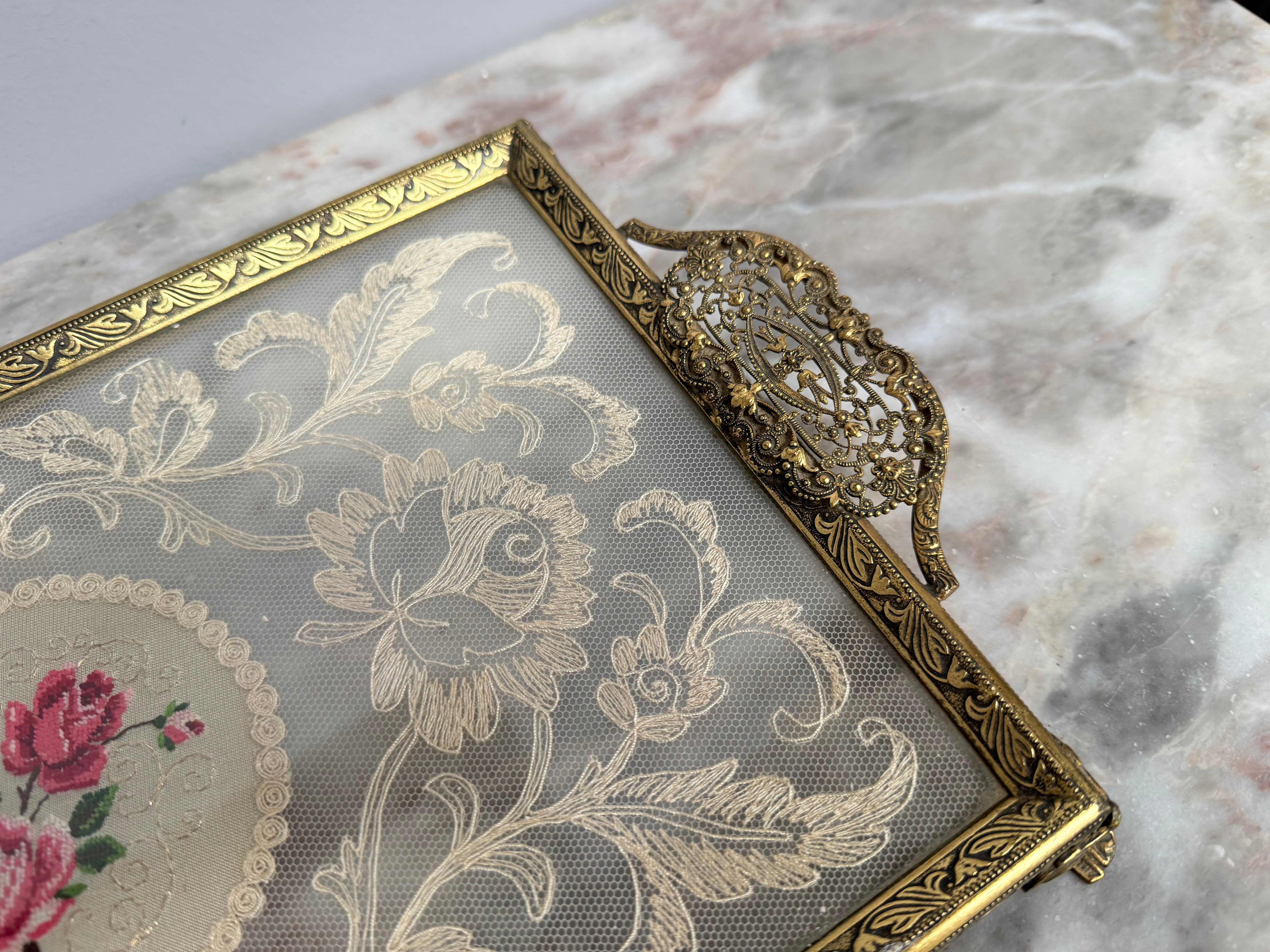 Vintage Gold Tone Filigree Embossed Metal Tray With Petit Point | Antique & Vintage | Moonee Ponds Antiques | Australia Wide Delivery
