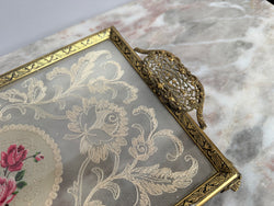 Vintage Gold Tone Filigree Embossed Metal Tray With Petit Point Moonee Ponds Antiques