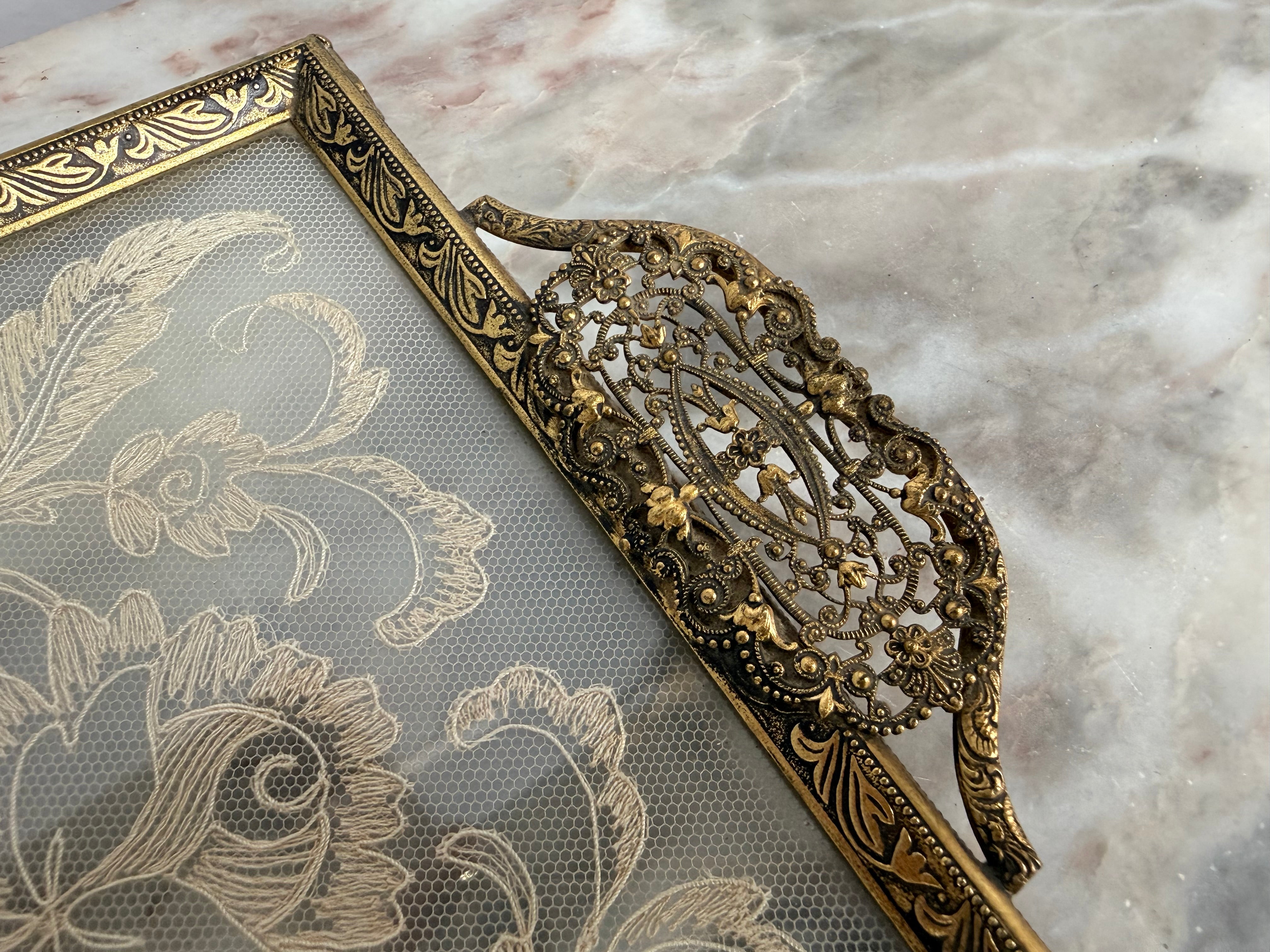 Vintage Gold Tone Filigree Embossed Metal Tray With Petit Point | Antique & Vintage | Moonee Ponds Antiques | Australia Wide Delivery
