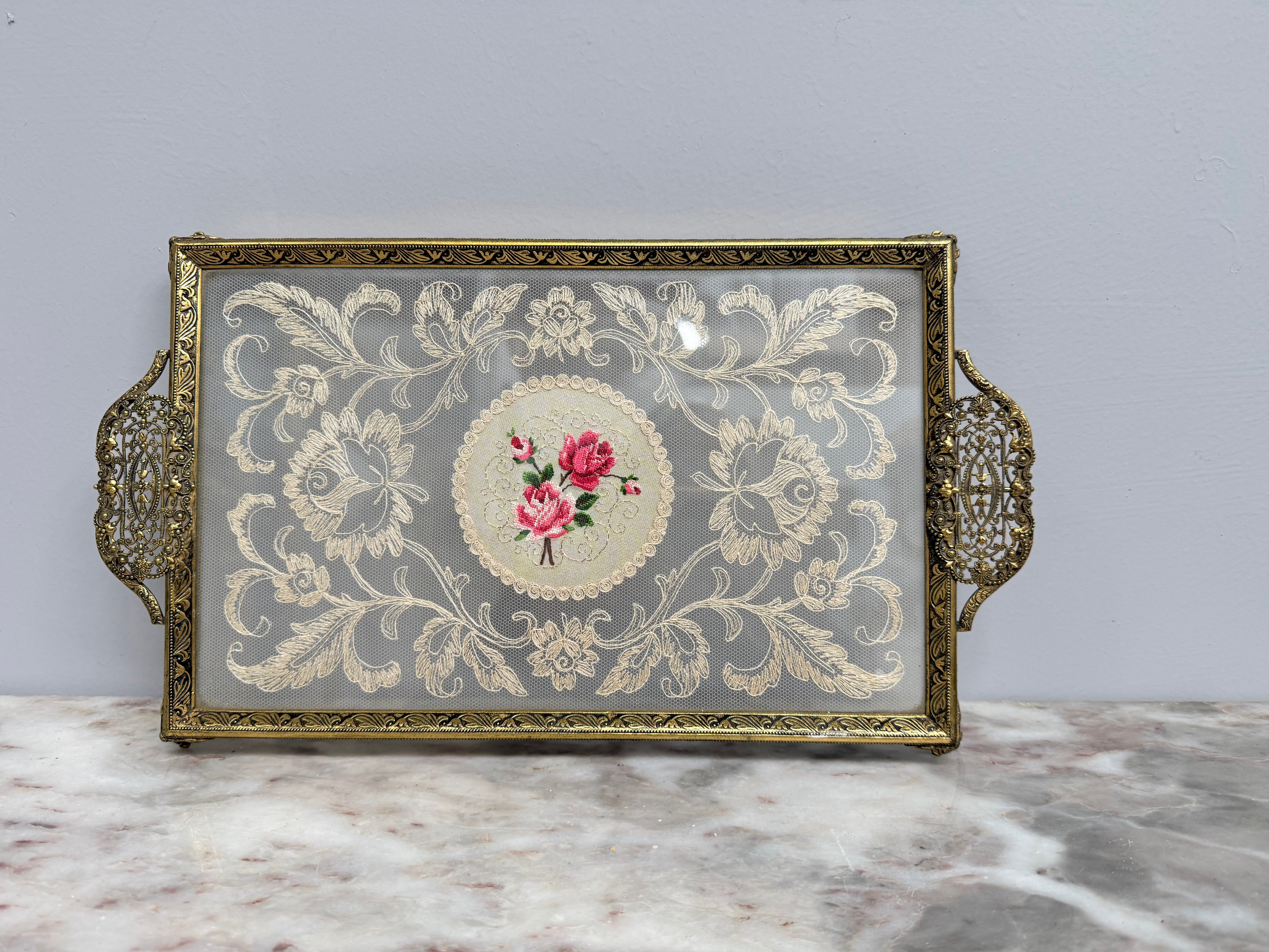 Vintage Gold Tone Filigree Embossed Metal Tray With Petit Point | Antique & Vintage | Moonee Ponds Antiques | Australia Wide Delivery