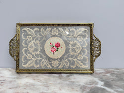 Vintage Gold Tone Filigree Embossed Metal Tray With Petit Point Moonee Ponds Antiques