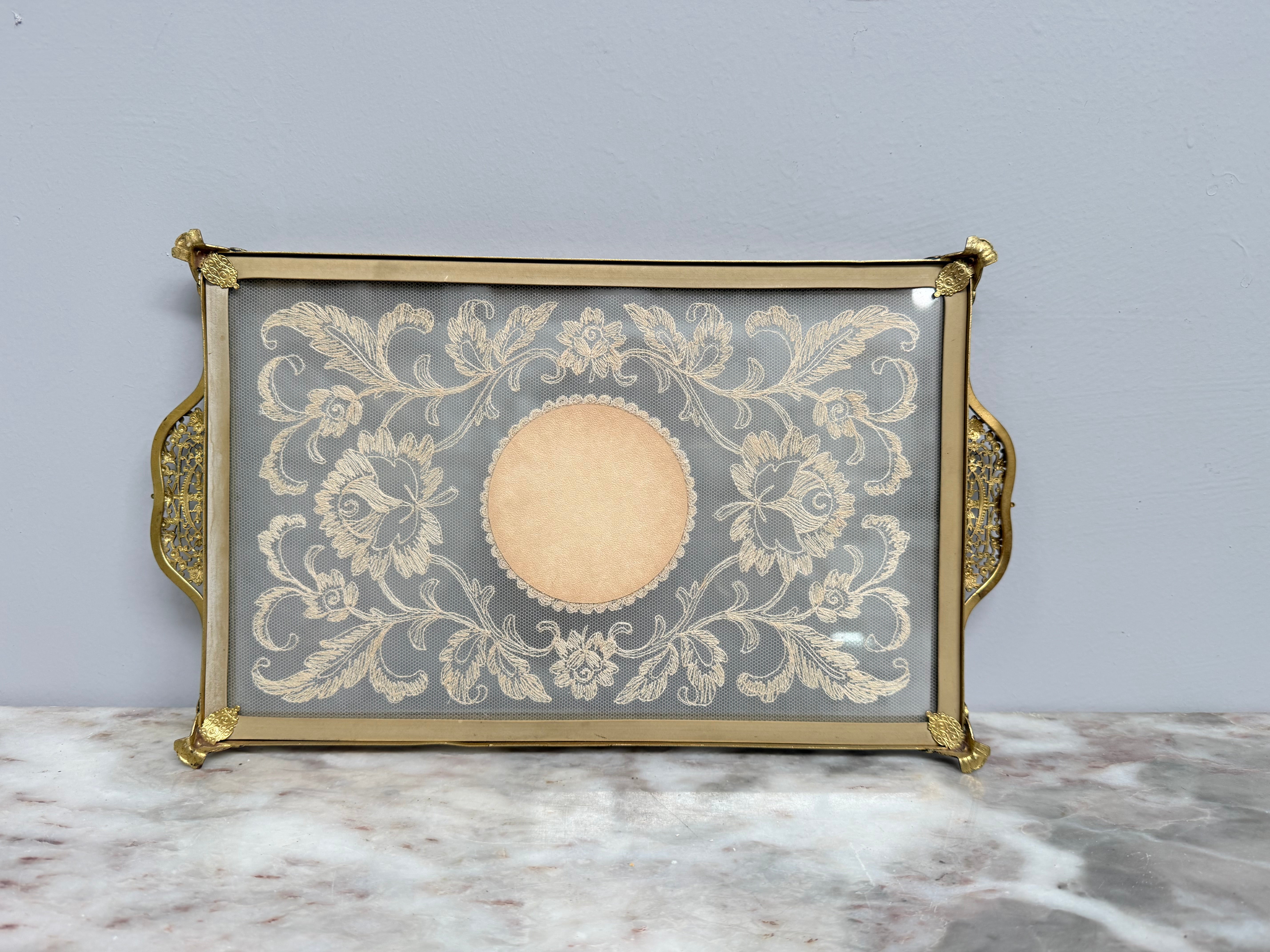 Vintage Gold Tone Filigree Embossed Metal Tray With Petit Point | Antique & Vintage | Moonee Ponds Antiques | Australia Wide Delivery