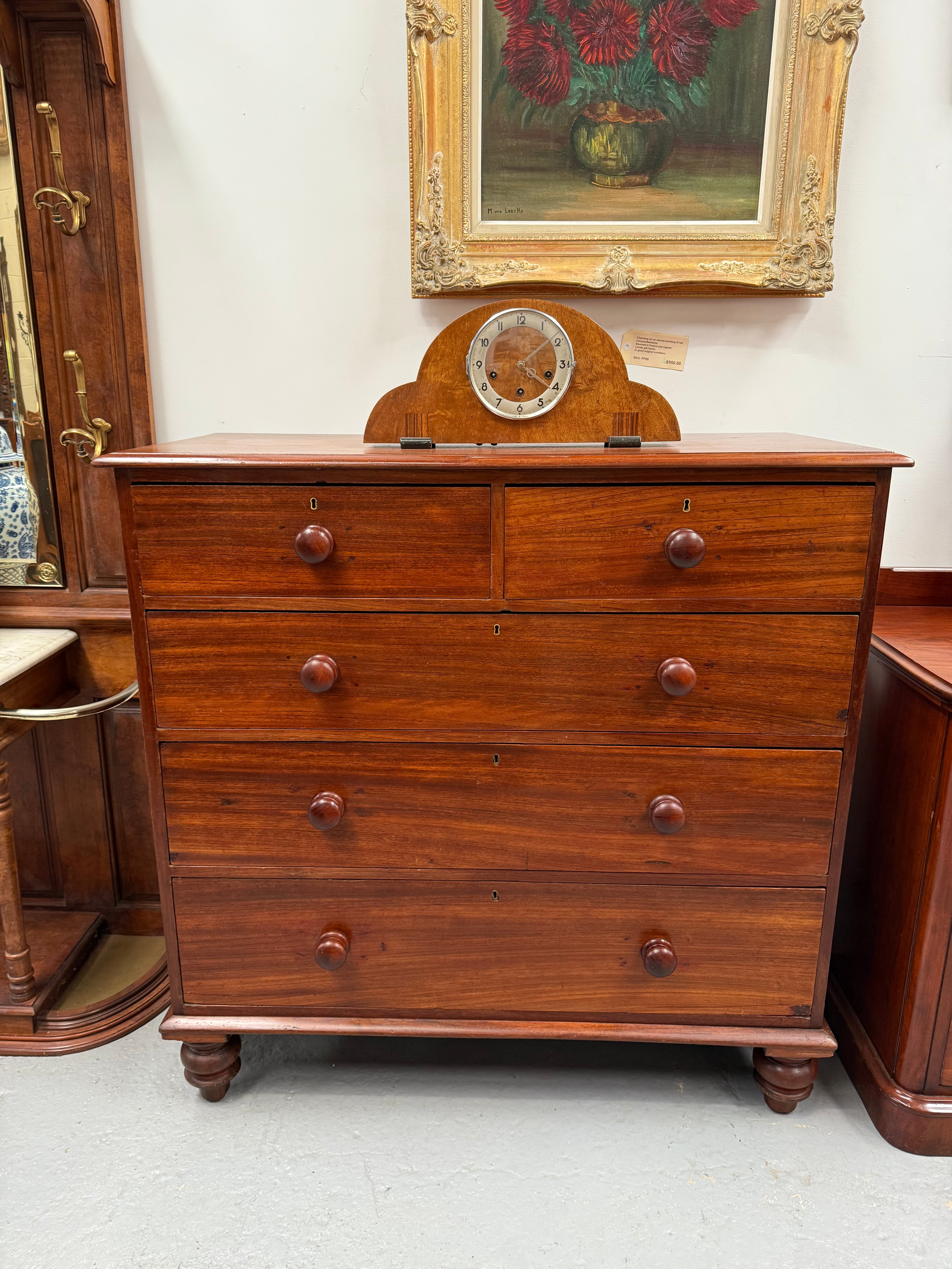 Cedar Chest Of Five Drawers On Bun Feet | Antique & Vintage | Moonee Ponds Antiques | Australia Wide Delivery