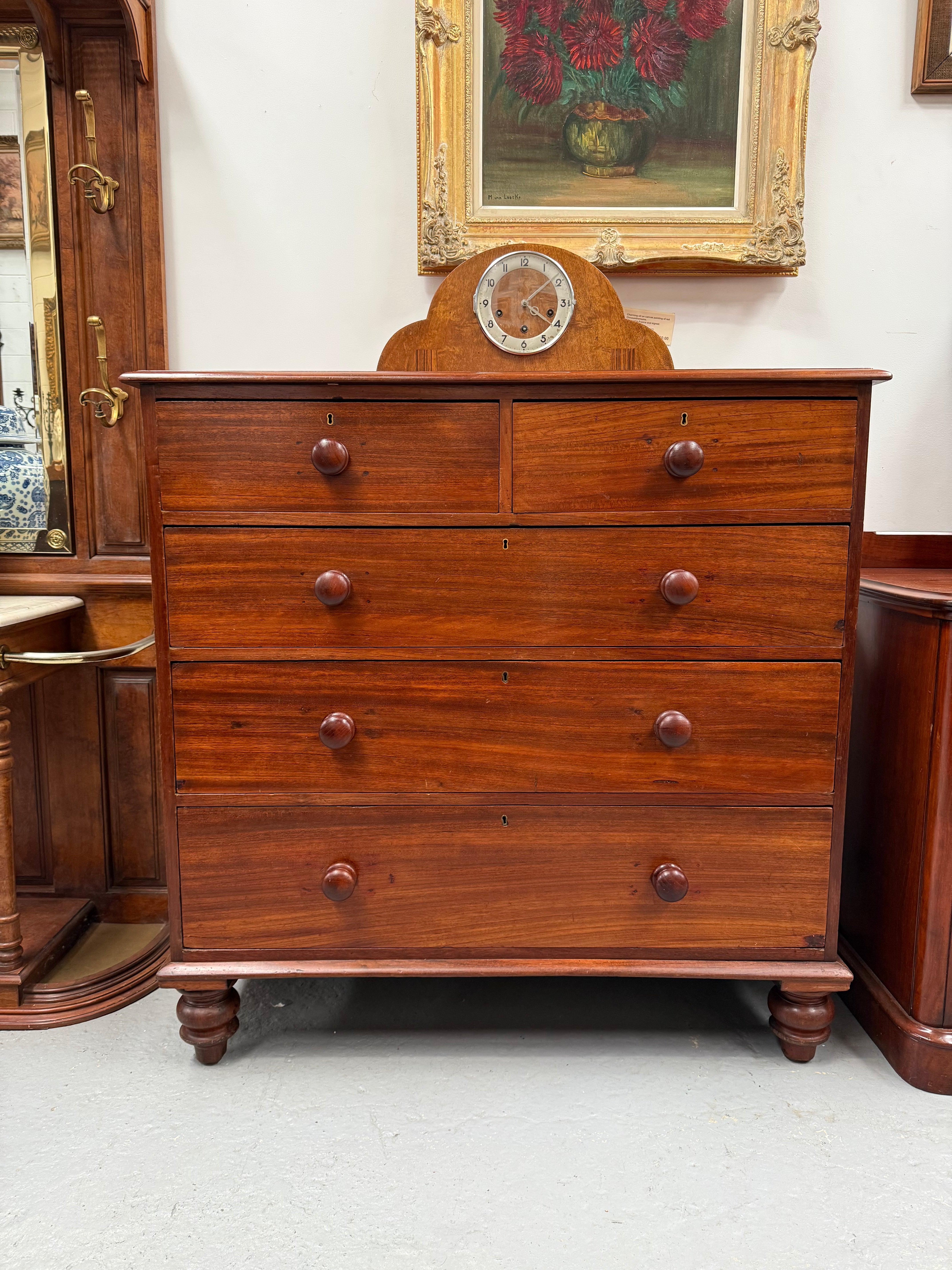 Cedar Chest Of Five Drawers On Bun Feet | Antique & Vintage | Moonee Ponds Antiques | Australia Wide Delivery