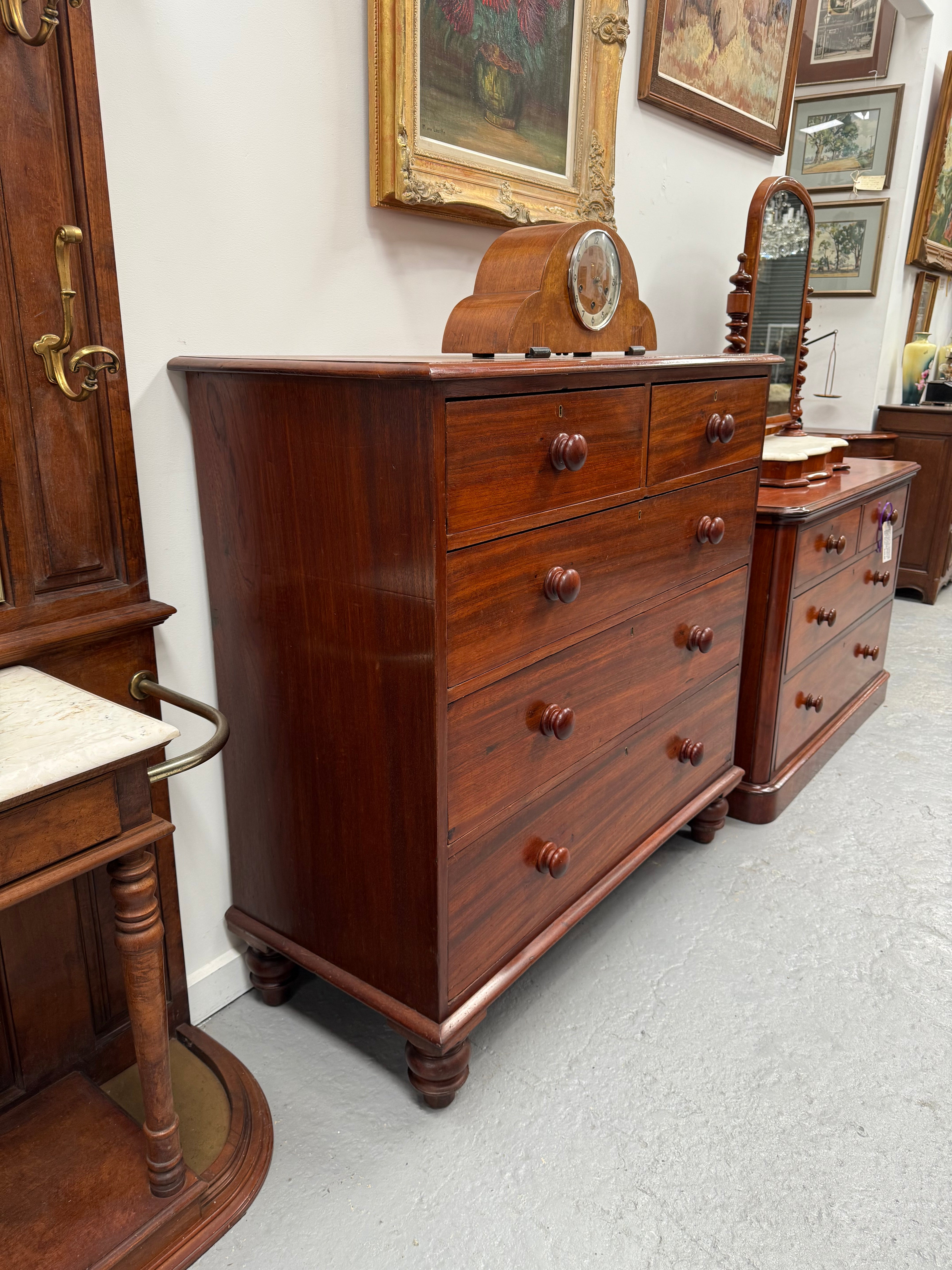 Cedar Chest Of Five Drawers On Bun Feet | Antique & Vintage | Moonee Ponds Antiques | Australia Wide Delivery