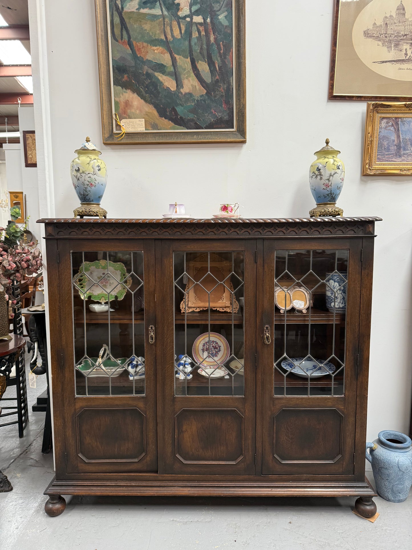 Versatile Three Door Leadlight Jacobean Style Bookcase / Display Cabinet
